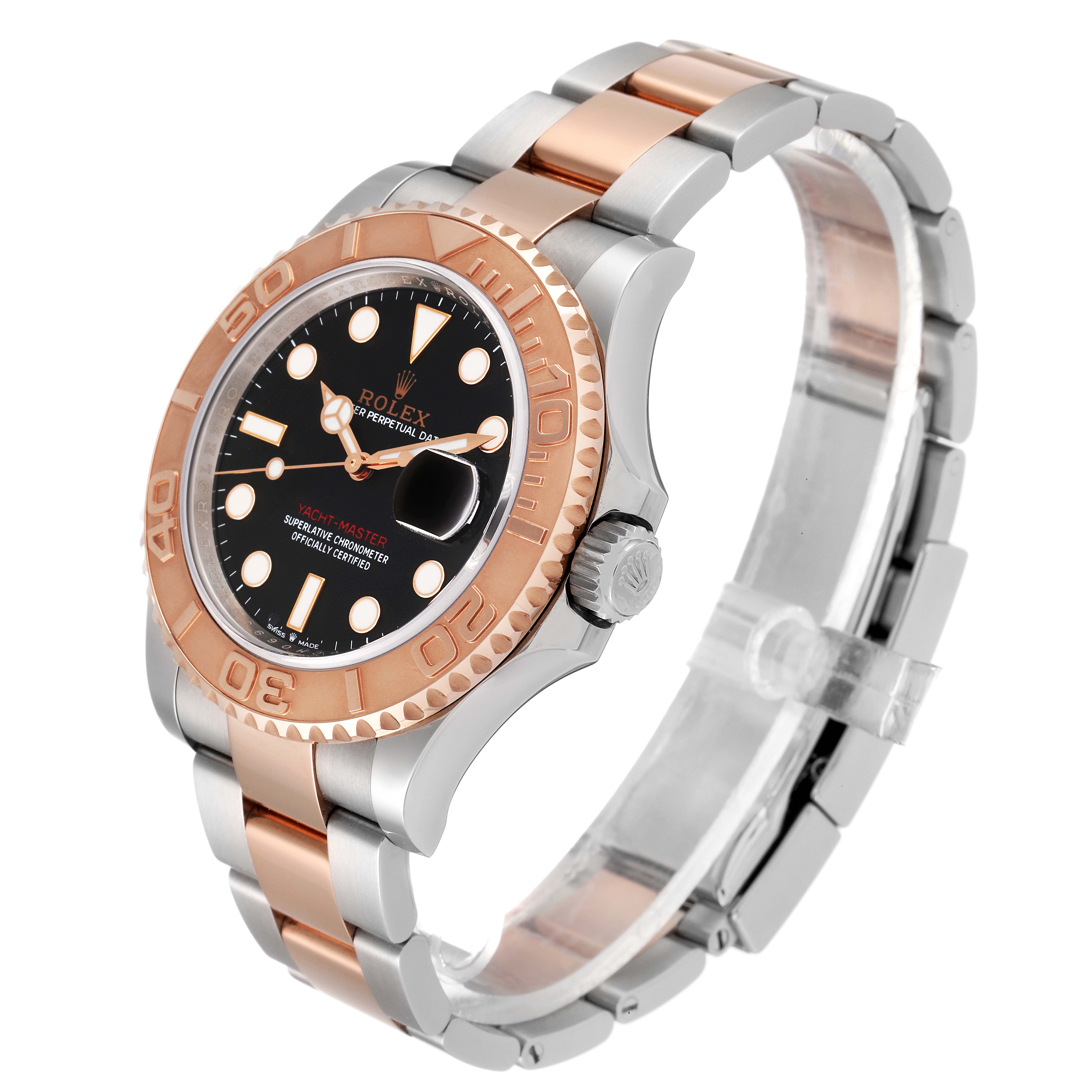 This image shows a Rolex Yacht-Master 126621 Men
s Steel and Gold (two tone) Black Dial 126621 Men
s Steel and Gold (two tone) Black Dial watch at a three-quarter angle, highlighting the bezel, dial, and two-tone bracelet.