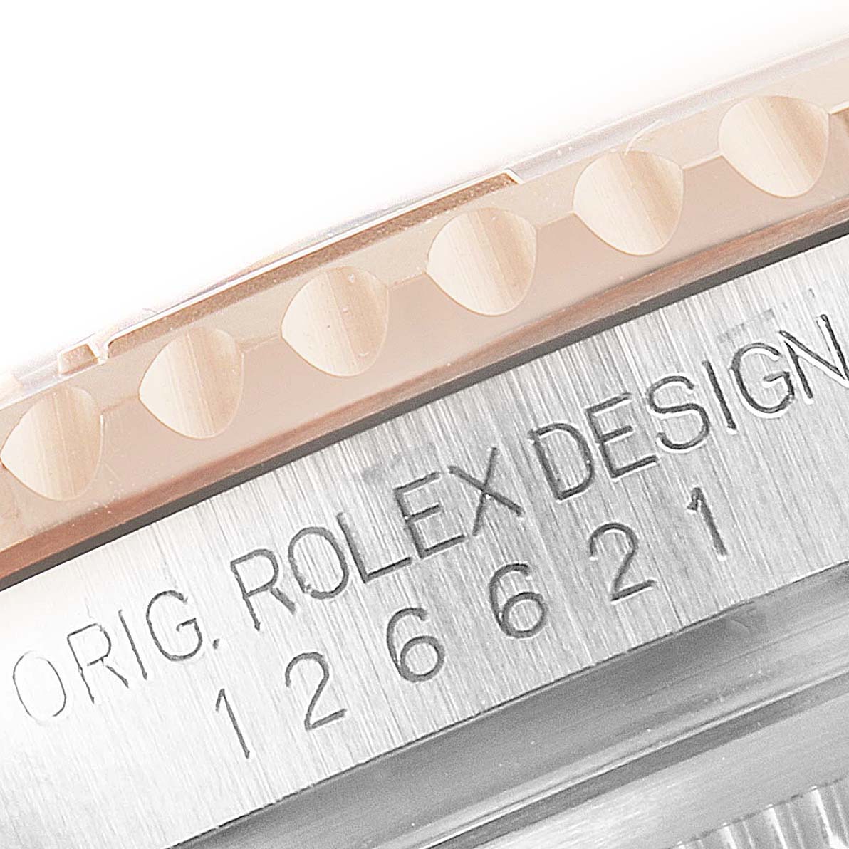 This image shows a close-up of the bezel and case side of a Rolex Yacht-Master 126621 Men
s Steel and Gold (two tone) Black Dial 126621 Men
s Steel and Gold (two tone) Black Dial watch, including the model number engraving.