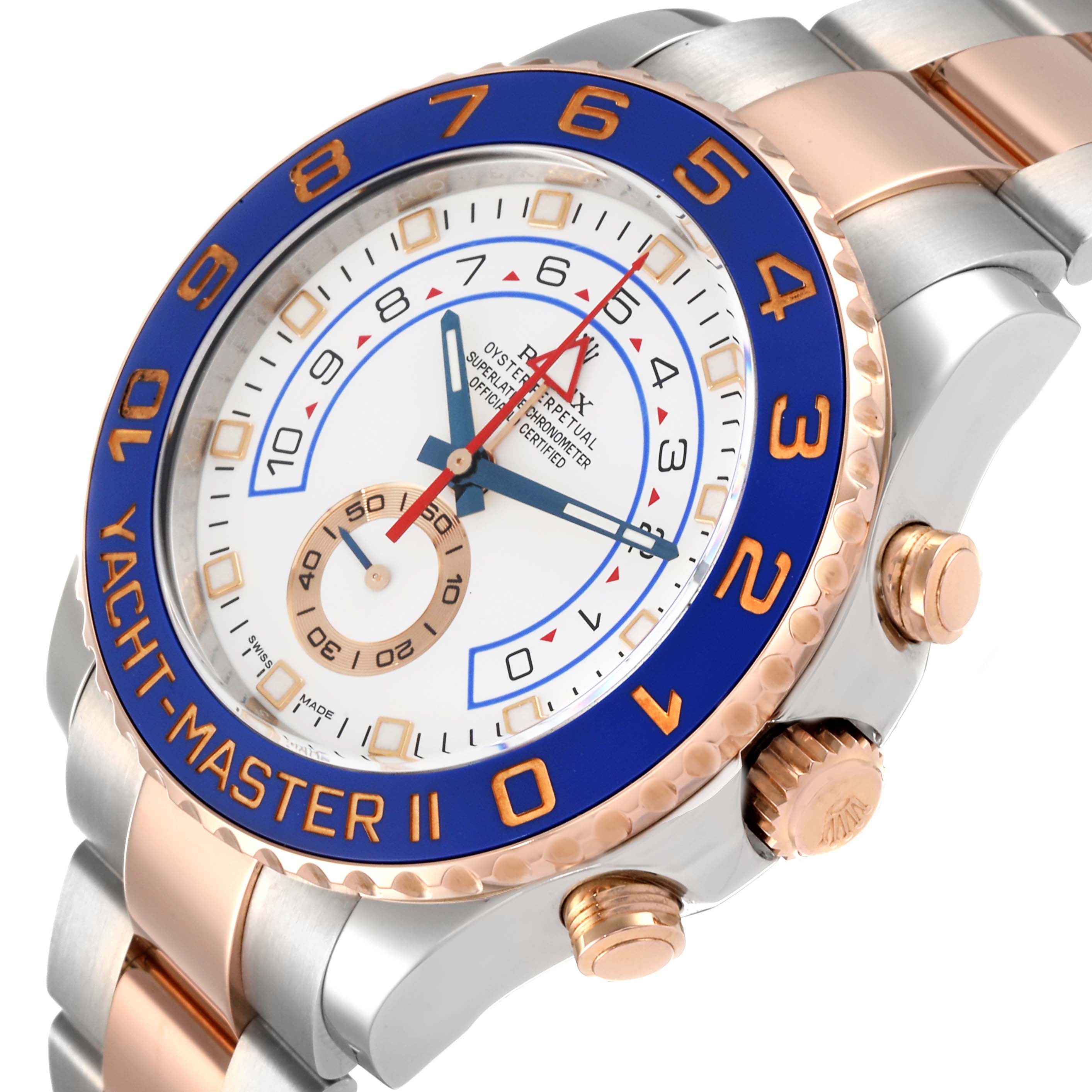 The image shows a close-up angled view of the Rolex Yacht-Master 116681 Men's Steel and Gold (two tone) White Dial 116681 Men's Steel and Gold (two tone) White Dial II, highlighting the bezel, face, and side buttons.