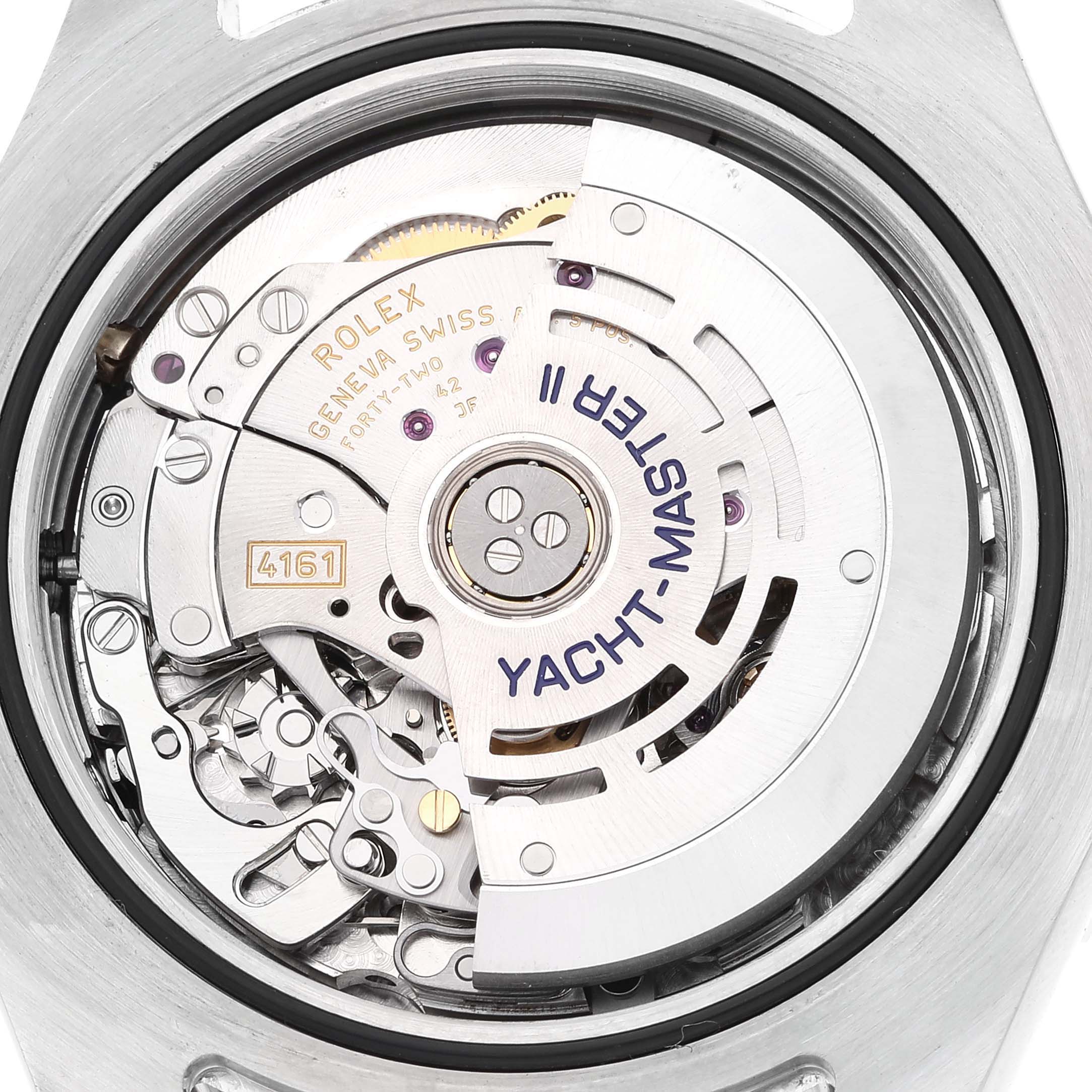 The image shows a close-up, back view of the internal mechanism of the Rolex Yacht-Master 116681 Men's Steel and Gold (two tone) White Dial 116681 Men's Steel and Gold (two tone) White Dial watch, featuring its intricate components.