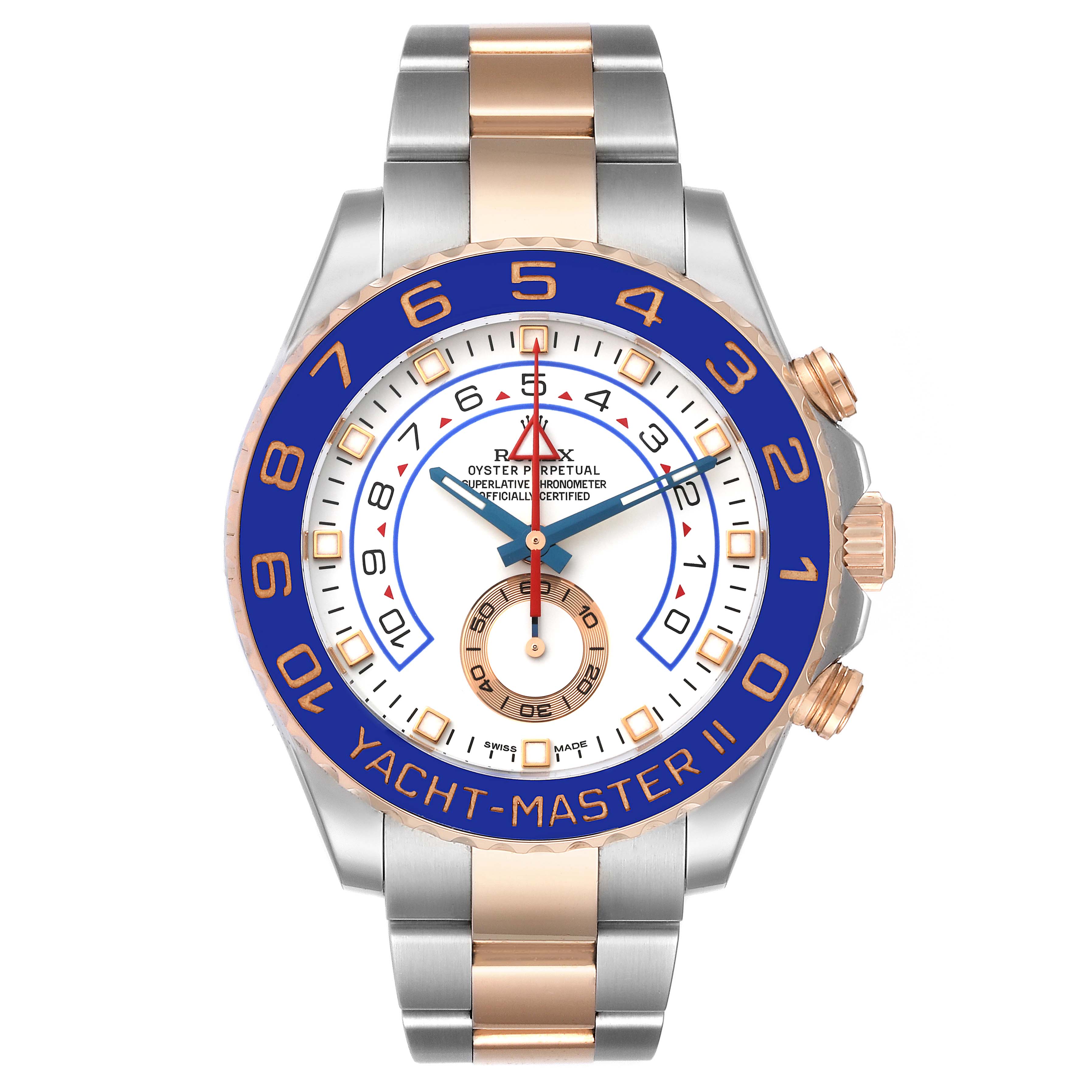 The image shows a front view of a Rolex Yacht-Master 116681 Men's Steel and Gold (two tone) White Dial 116681 Men's Steel and Gold (two tone) White Dial II watch featuring a two-tone metal bracelet and a blue bezel.
