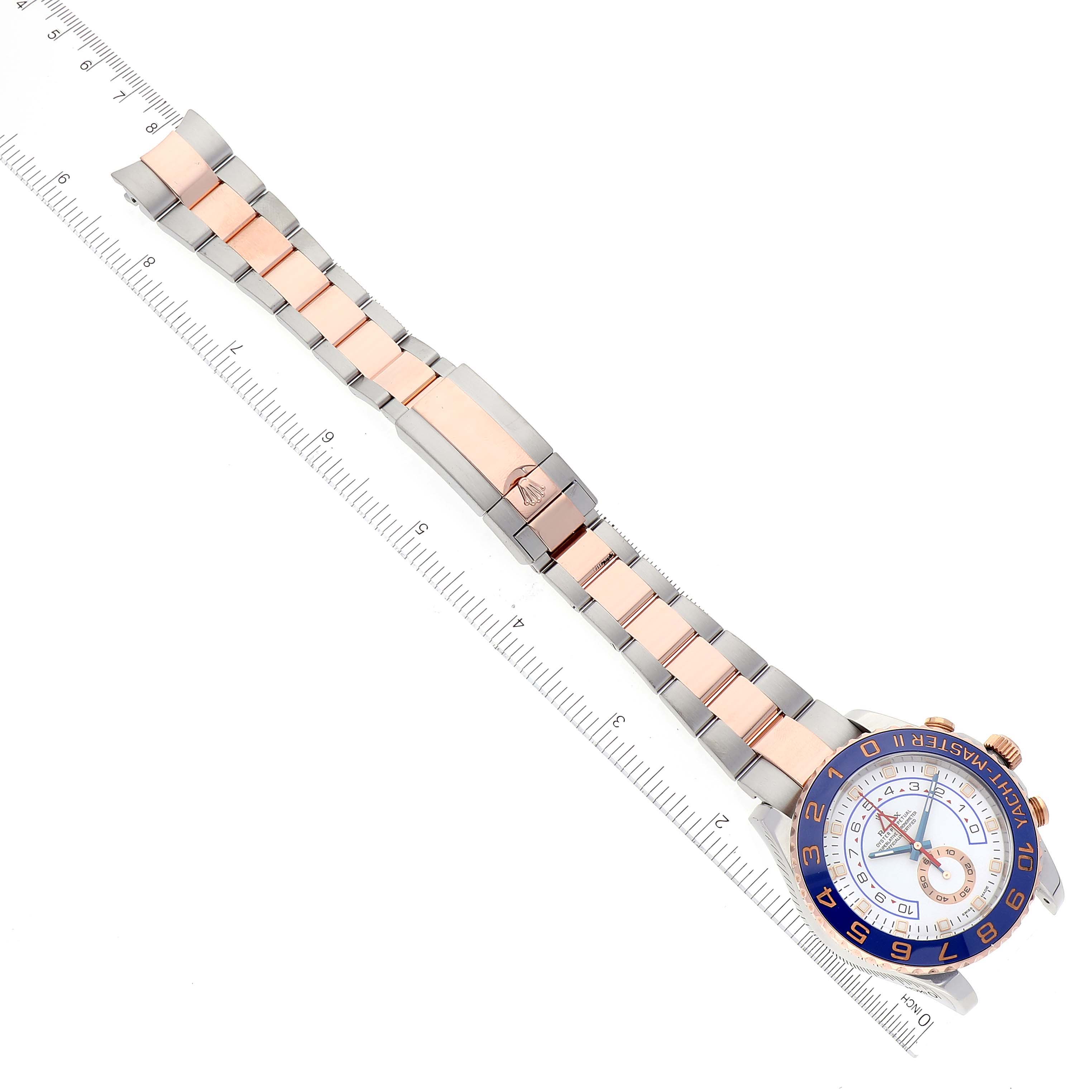 The image displays a top view of a Rolex Yacht-Master 116681 Men's Steel and Gold (two tone) White Dial 116681 Men's Steel and Gold (two tone) White Dial watch, showing the dial, bezel, bracelet, and clasp.