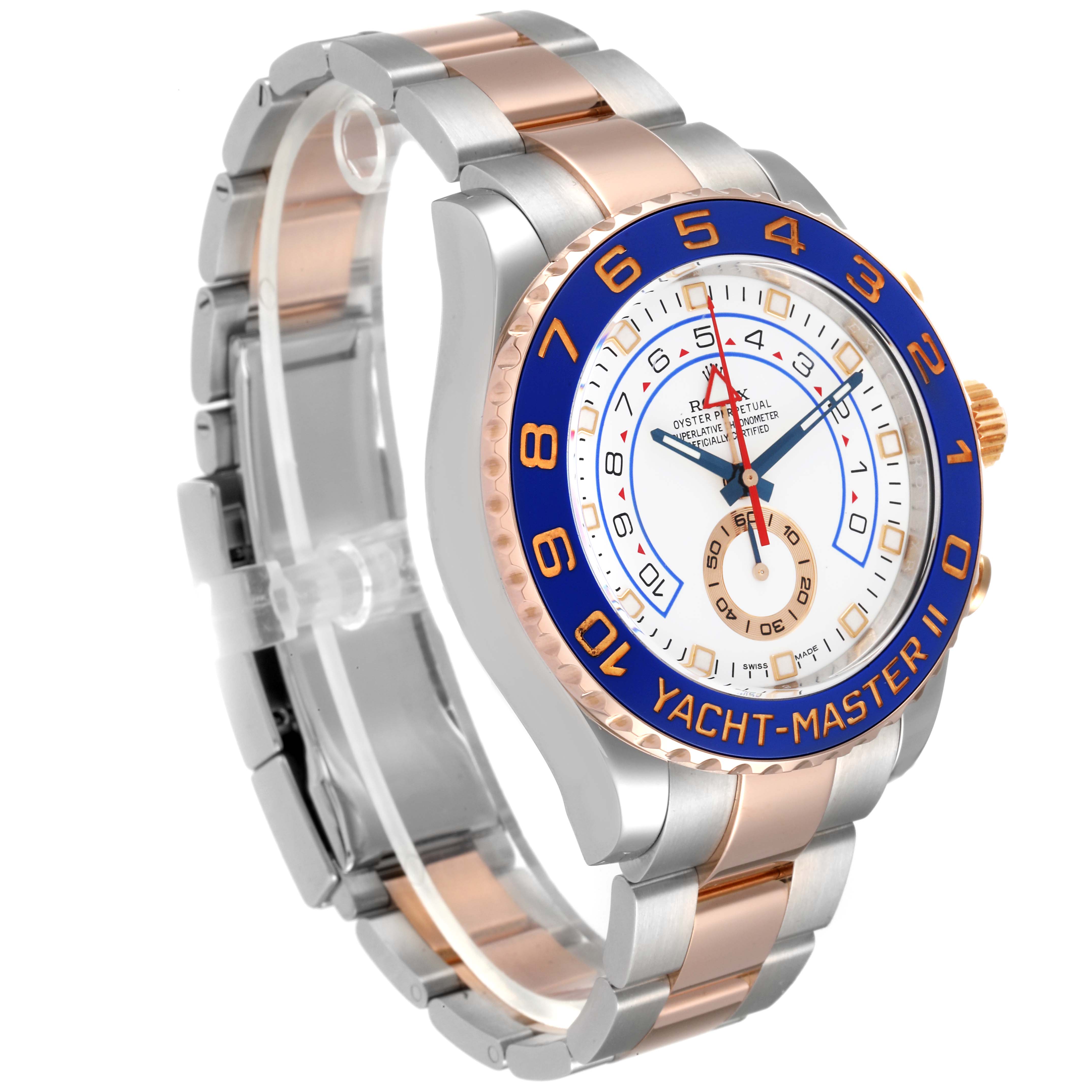 The Rolex Yacht-Master 116681 Men's Steel and Gold (two tone) White Dial 116681 Men's Steel and Gold (two tone) White Dial watch is shown at a three-quarter angle, highlighting the face, bezel, and bracelet.