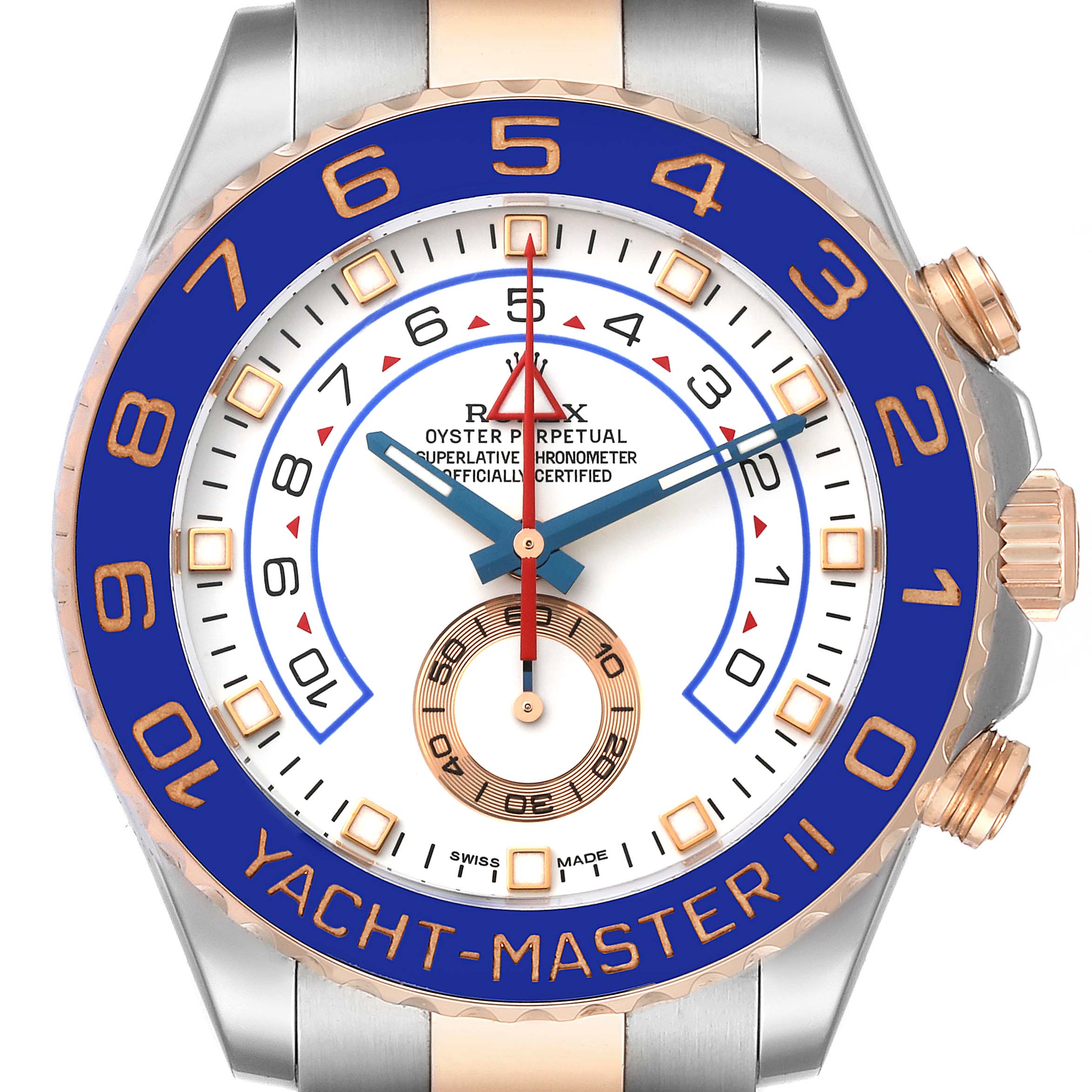 The image shows a front view of the Rolex Yacht-Master 116681 Men's Steel and Gold (two tone) White Dial 116681 Men's Steel and Gold (two tone) White Dial watch face with its prominent blue and gold bezel.