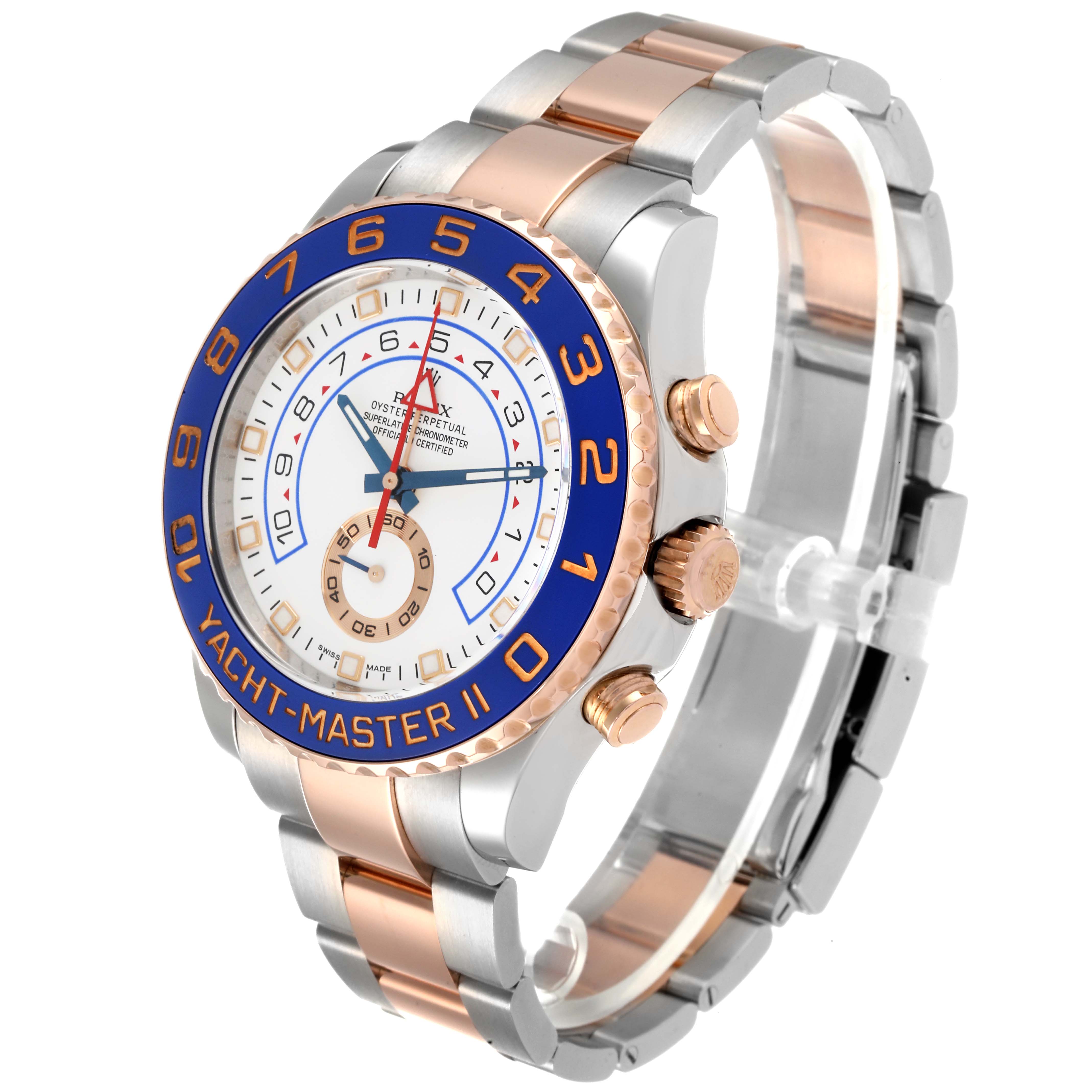 The image shows the Rolex Yacht-Master 116681 Men's Steel and Gold (two tone) White Dial 116681 Men's Steel and Gold (two tone) White Dial II watch at a slight angle, displaying the face, bezel, crown, and bracelet.
