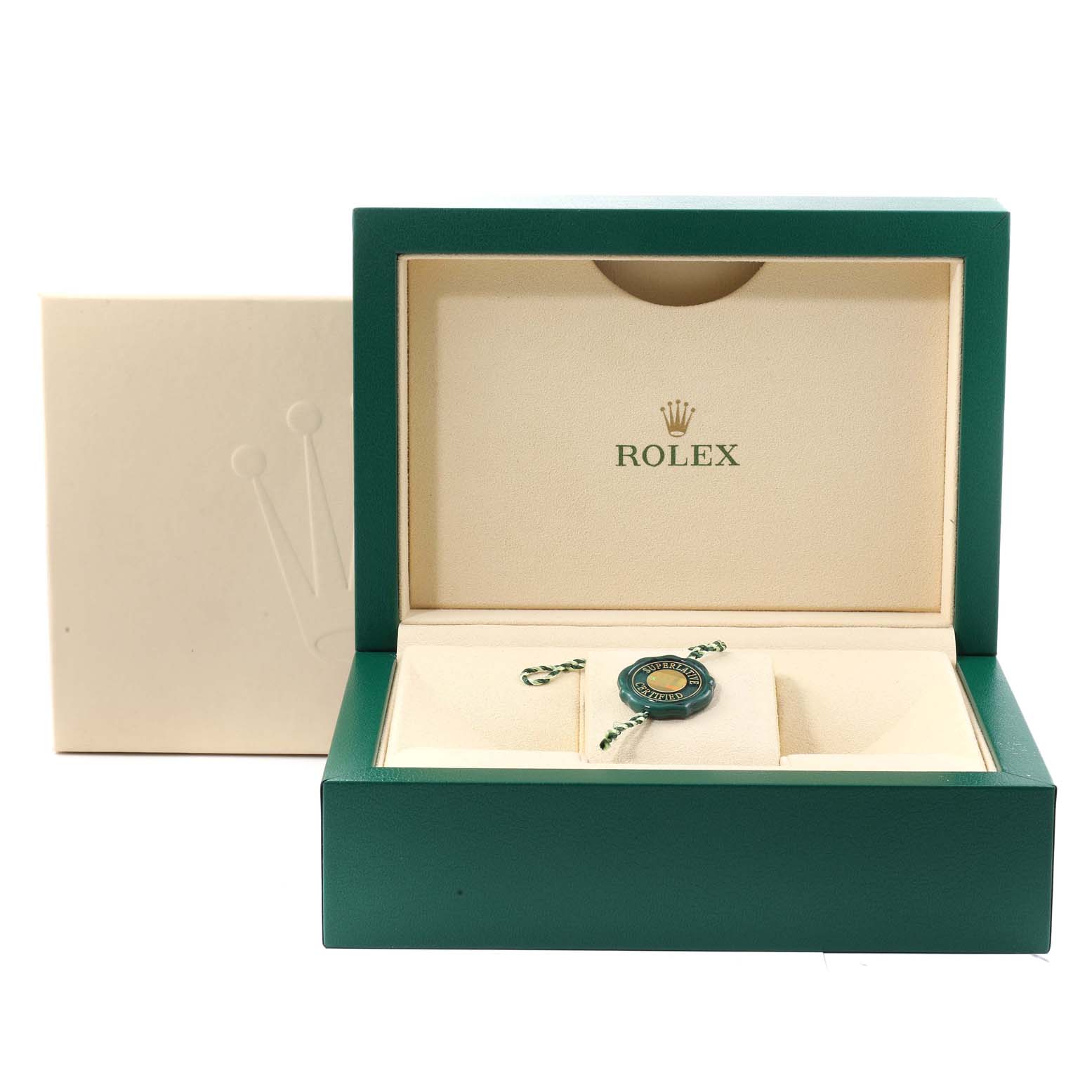The image shows the open box and packaging of the Rolex Yacht-Master 116681 Men's Steel and Gold (two tone) White Dial 116681 Men's Steel and Gold (two tone) White Dial model, displaying part of its interior and tag.