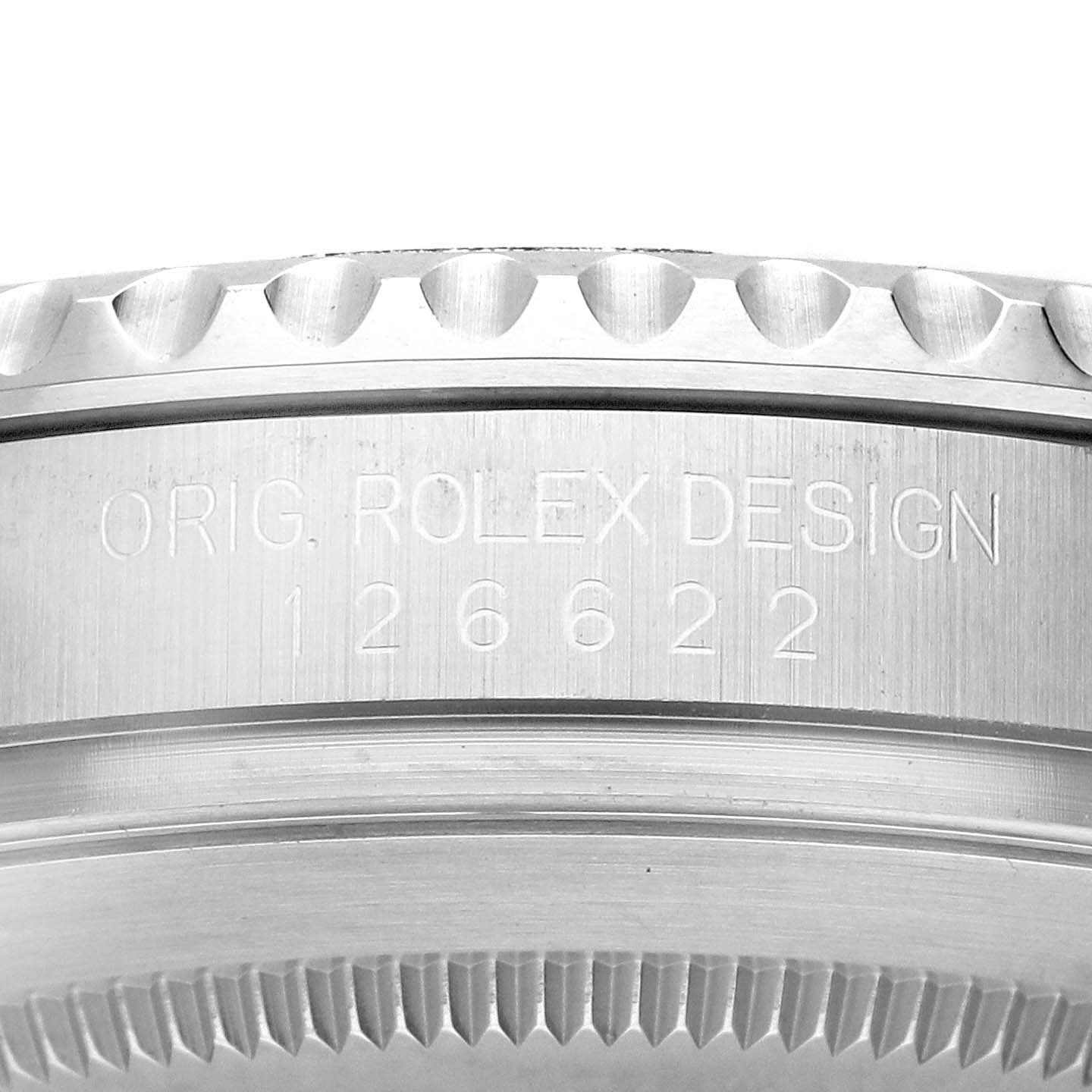 The image shows a close-up of the engraved side of a Rolex Yacht-Master 126622 Men's Stainless Steel Grey Dial bezel and case, featuring model details.