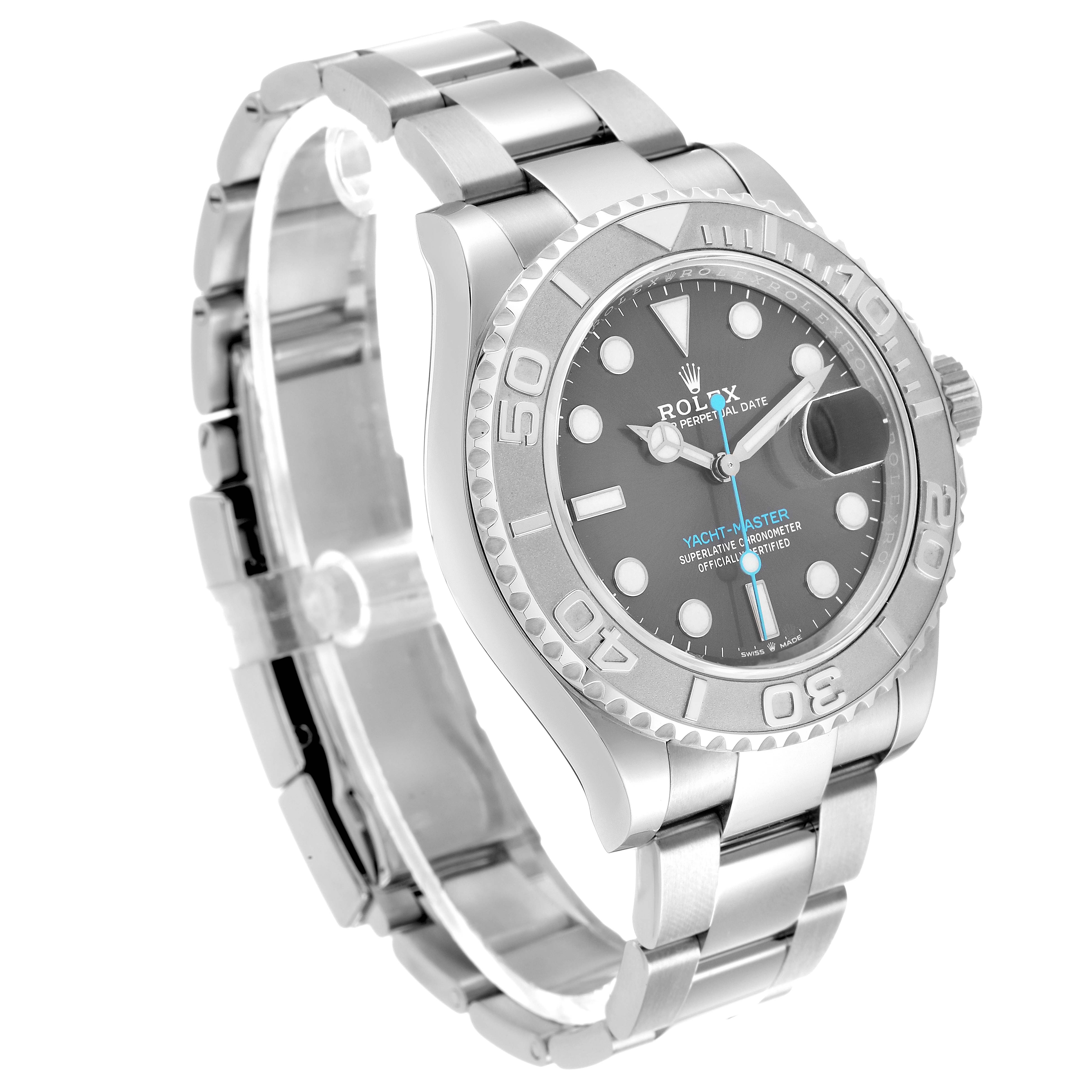 The Rolex Yacht-Master 126622 Men's Stainless Steel Grey Dial watch is shown at a three-quarter angle, displaying the bezel, dial, and bracelet.