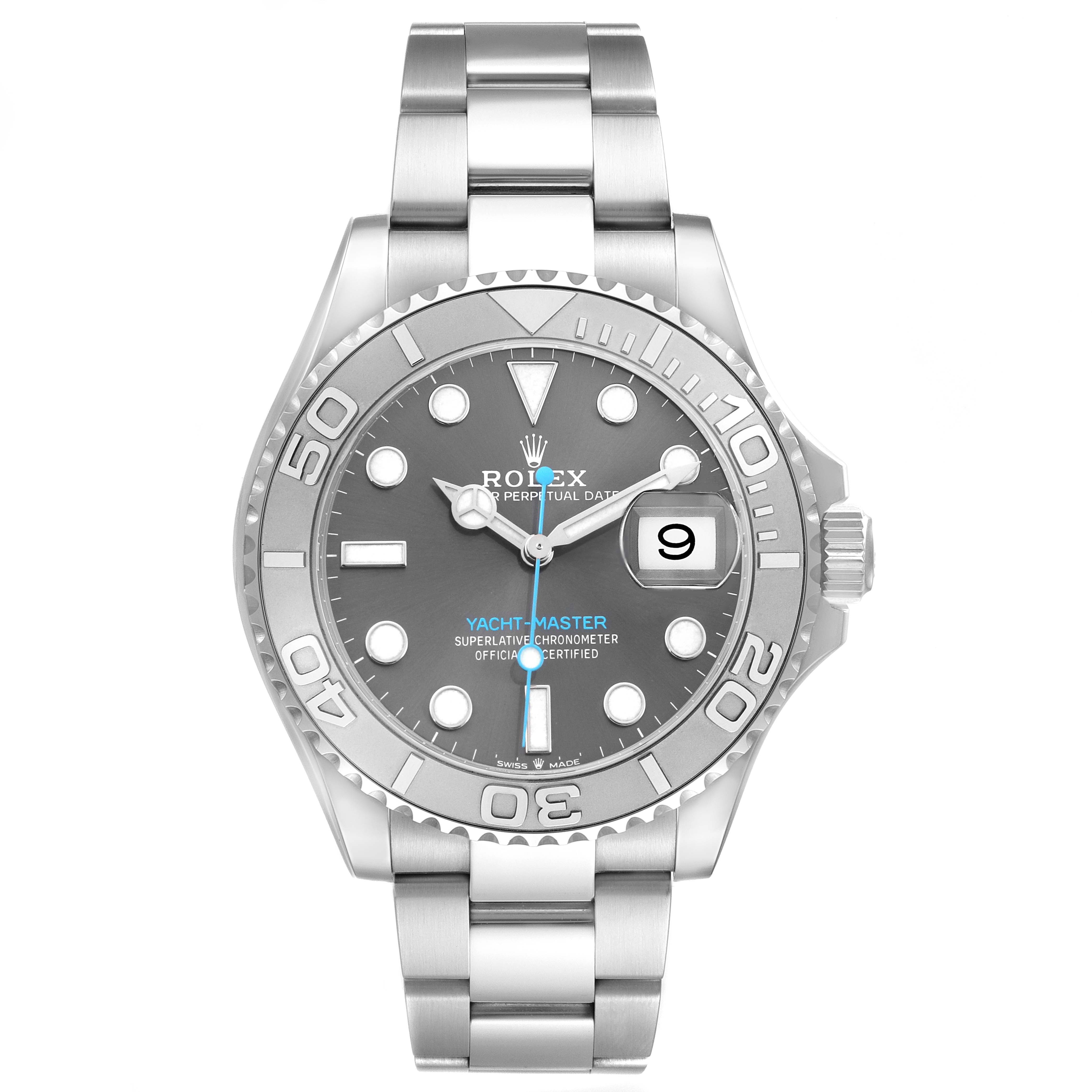 The image shows a front view of the Rolex Yacht-Master 126622 Men's Stainless Steel Grey Dial watch, highlighting the dial, bezel, case, and bracelet.