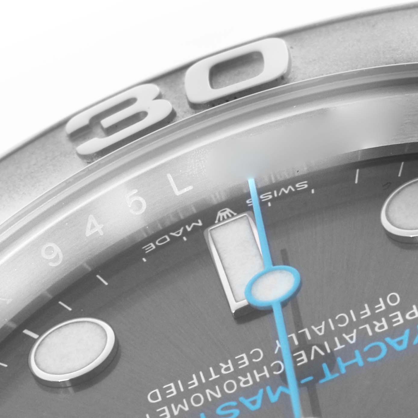 The image shows a close-up of the Rolex Yacht-Master 126622 Men's Stainless Steel Grey Dial watch, focusing on the bezel, part of the dial, and the blue second hand.