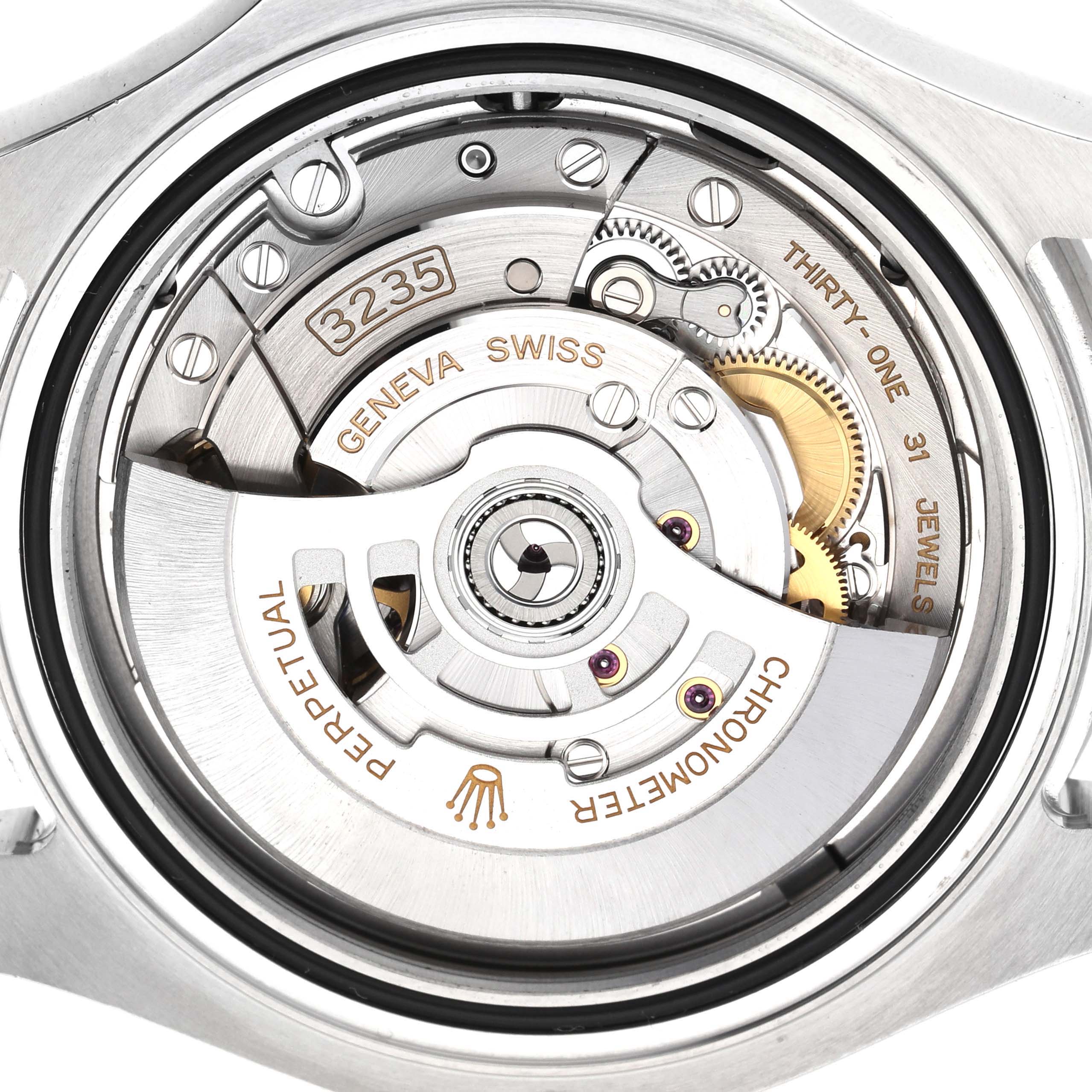 The image shows the back view of a Rolex Yacht-Master 126622 Men's Stainless Steel Grey Dial, displaying the movement and rotor with detailed engravings.