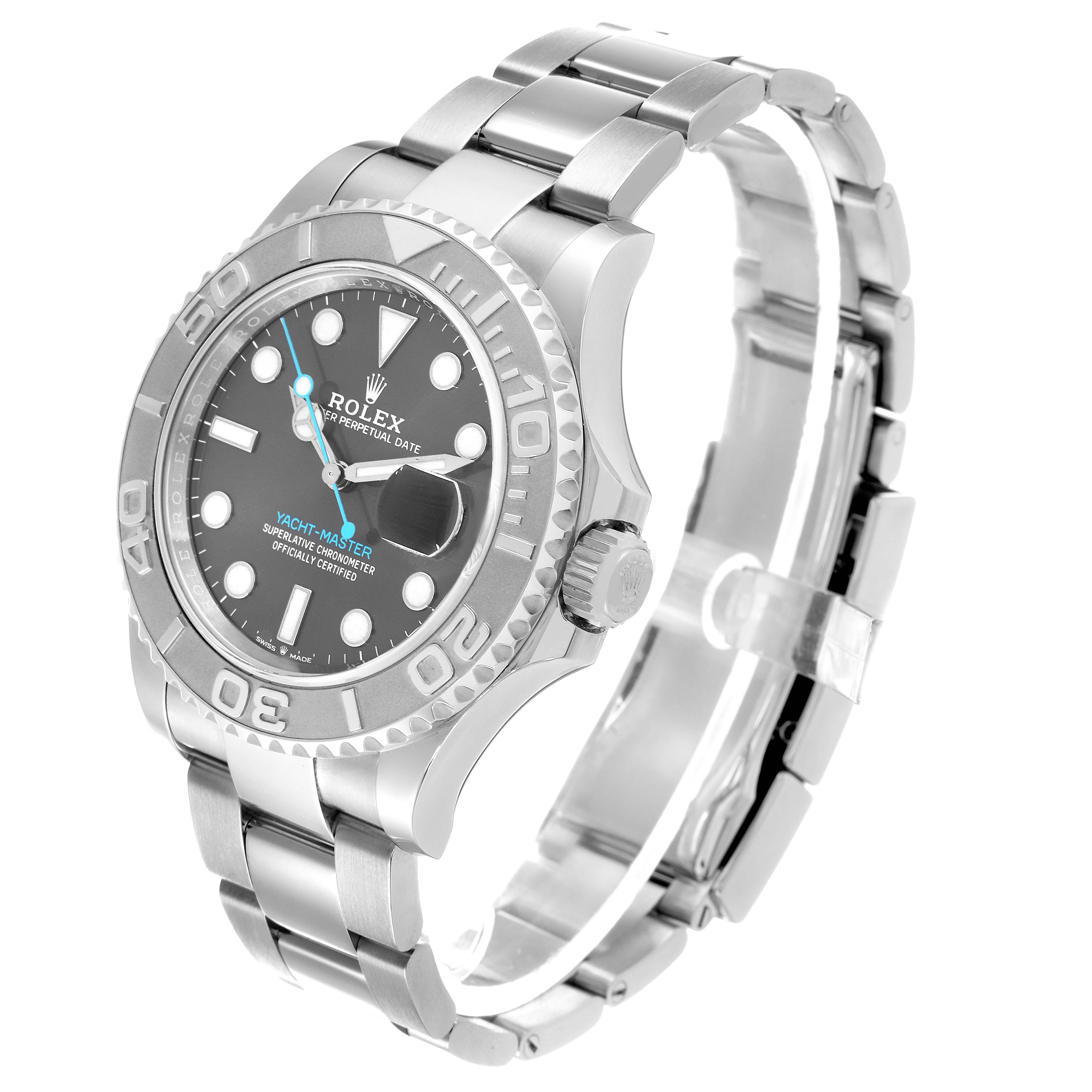 The Rolex Yacht-Master 126622 Men's Stainless Steel Grey Dial watch is shown at a three-quarter angle, displaying the bezel, dial, crown, and bracelet.