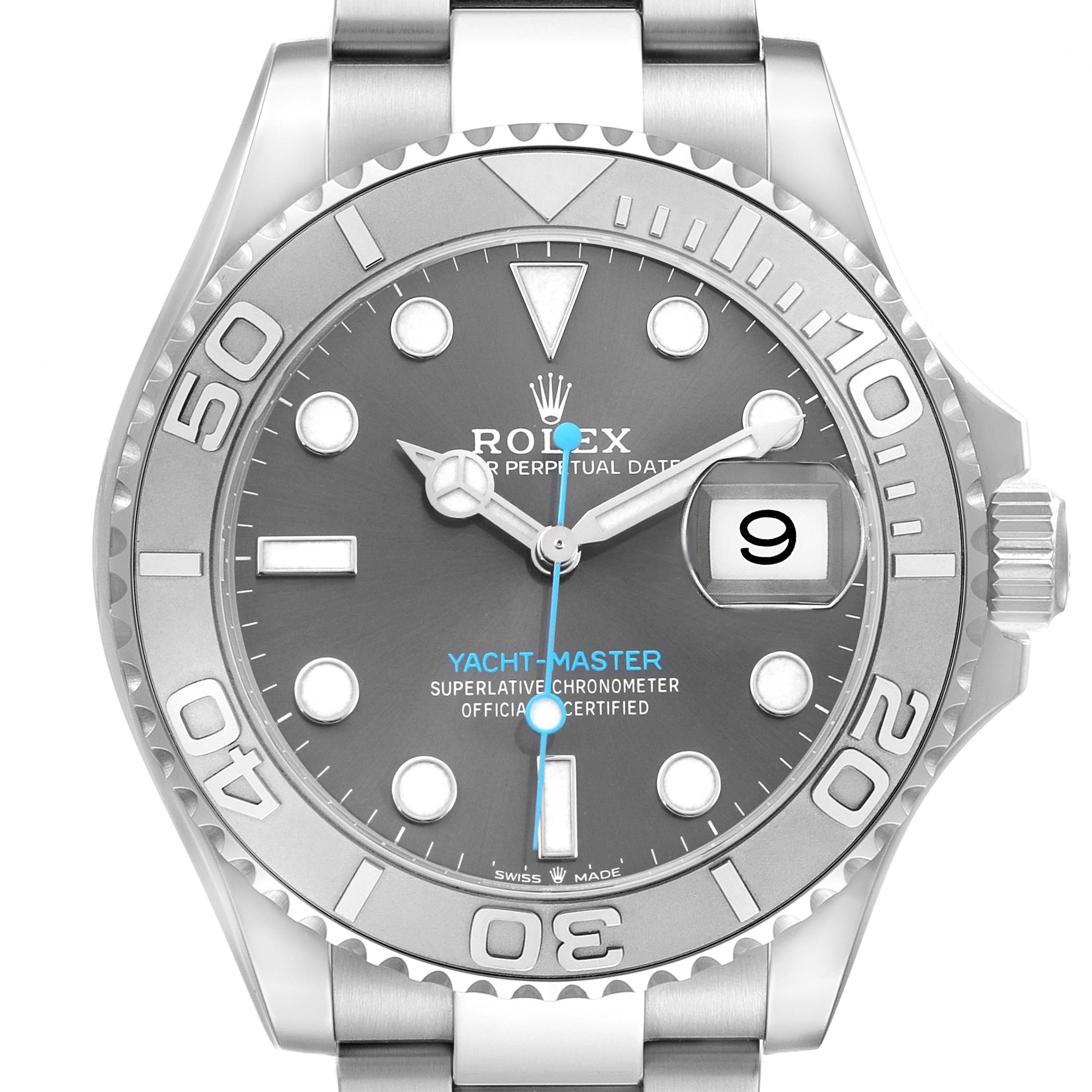 The Rolex Yacht-Master 126622 Men's Stainless Steel Grey Dial watch is shown from a front angle, highlighting the dial, bezel, and bracelet.
