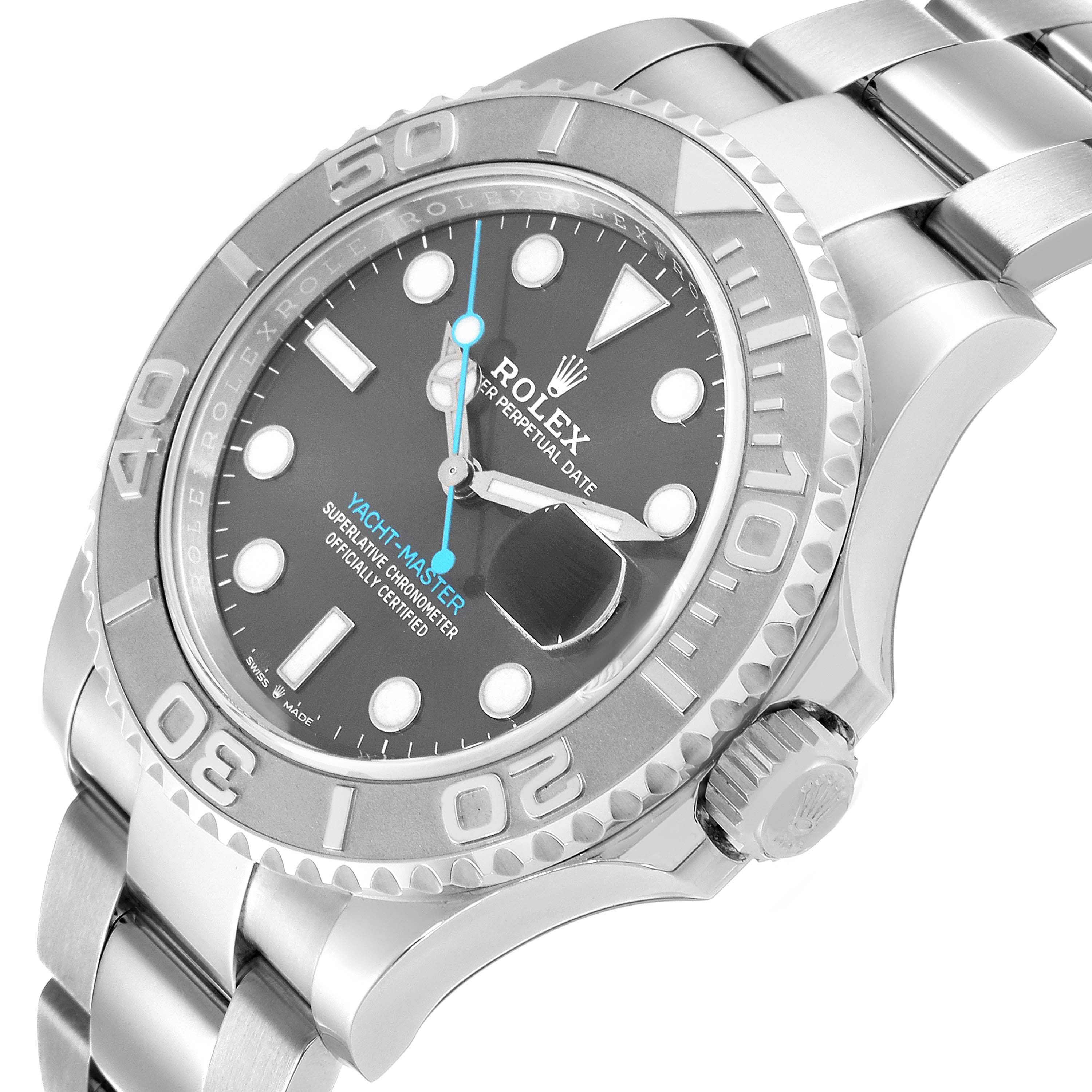 The Rolex Yacht-Master 126622 Men's Stainless Steel Grey Dial watch is shown at a slight angle, displaying its face, bezel, crown, and part of the bracelet.