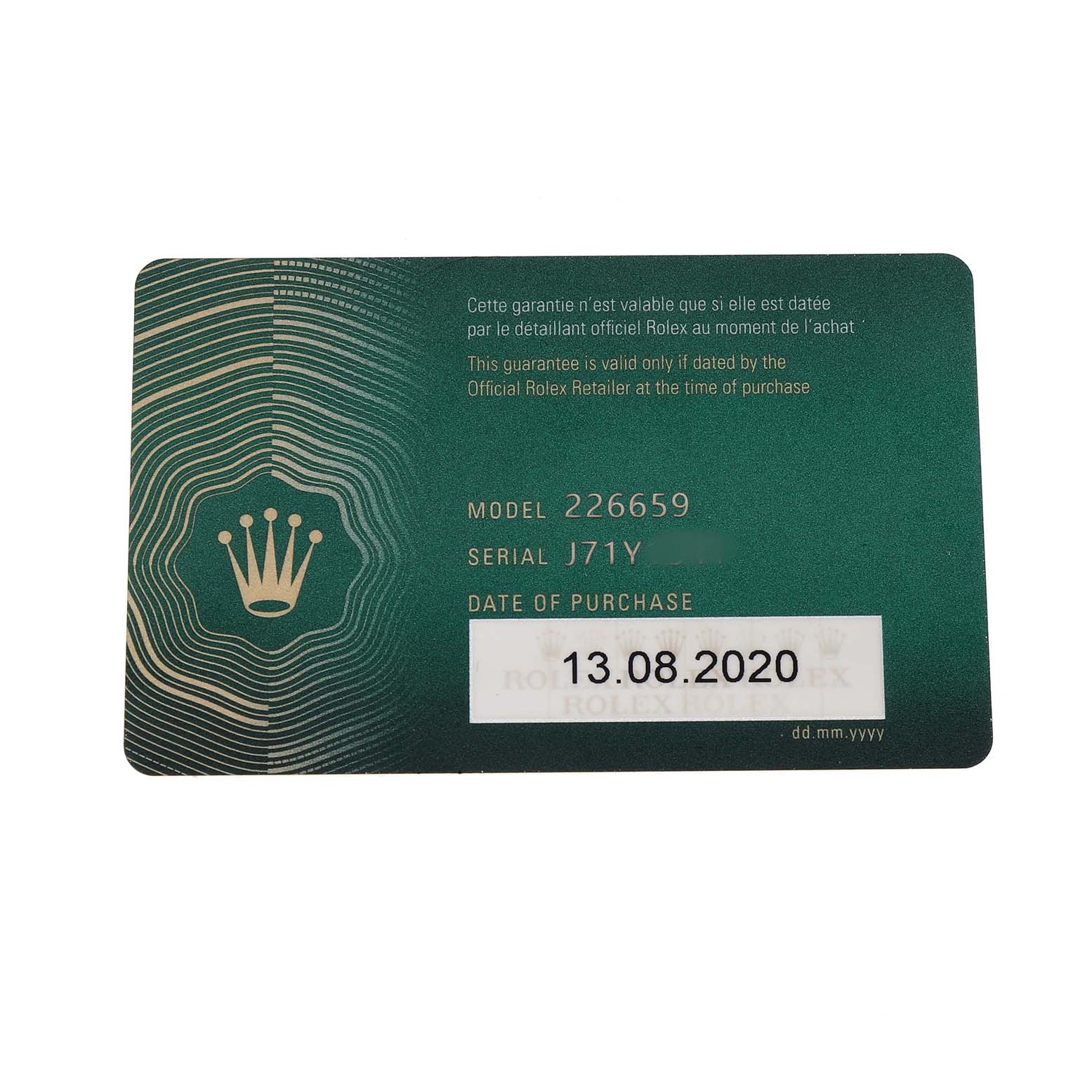 The image shows a warranty card for the Rolex Yacht-Master 226659 Men's White Gold Black Dial model 226659.