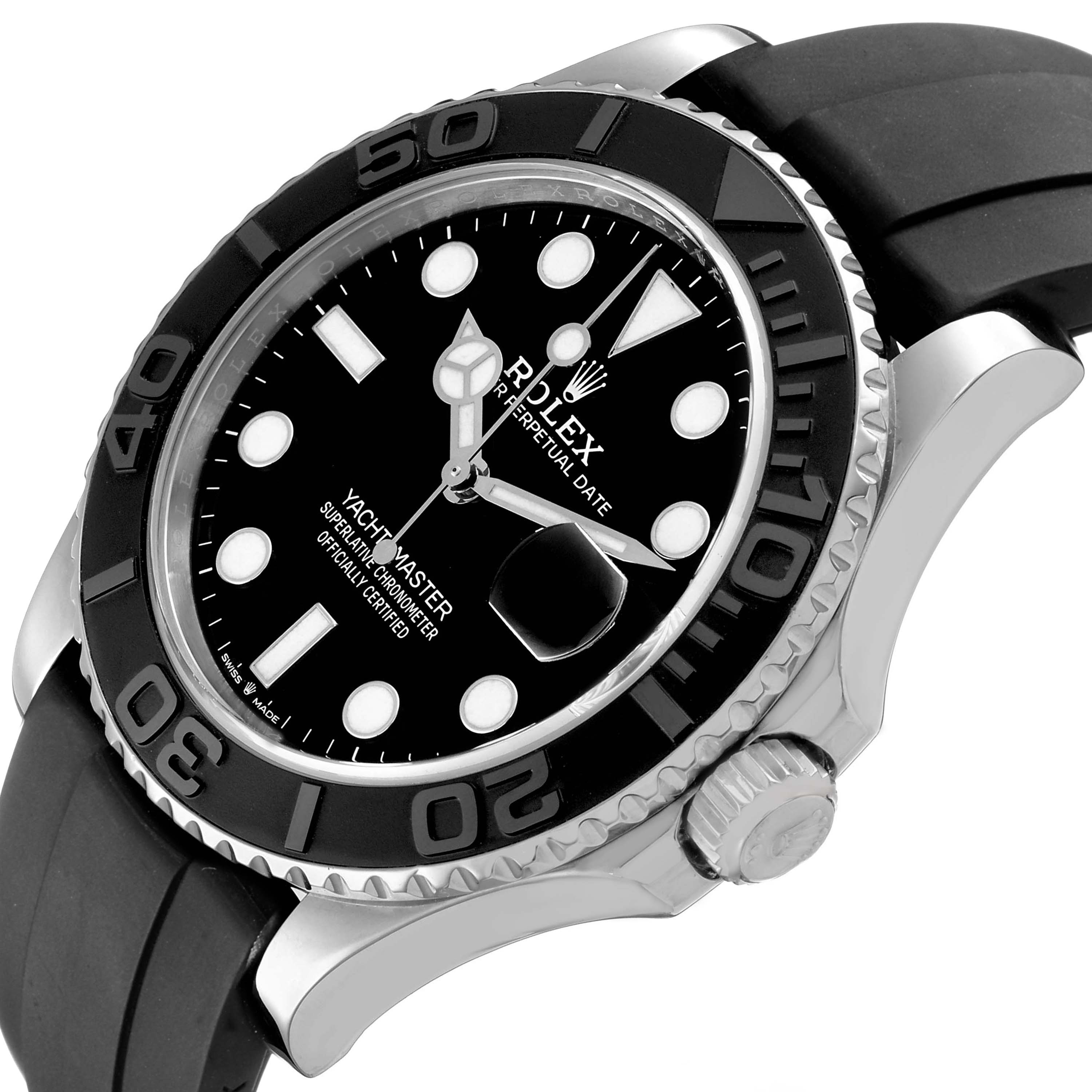 The Rolex Yacht-Master 226659 Men's White Gold Black Dial watch is shown at an angled view, highlighting the bezel, dial, and strap.