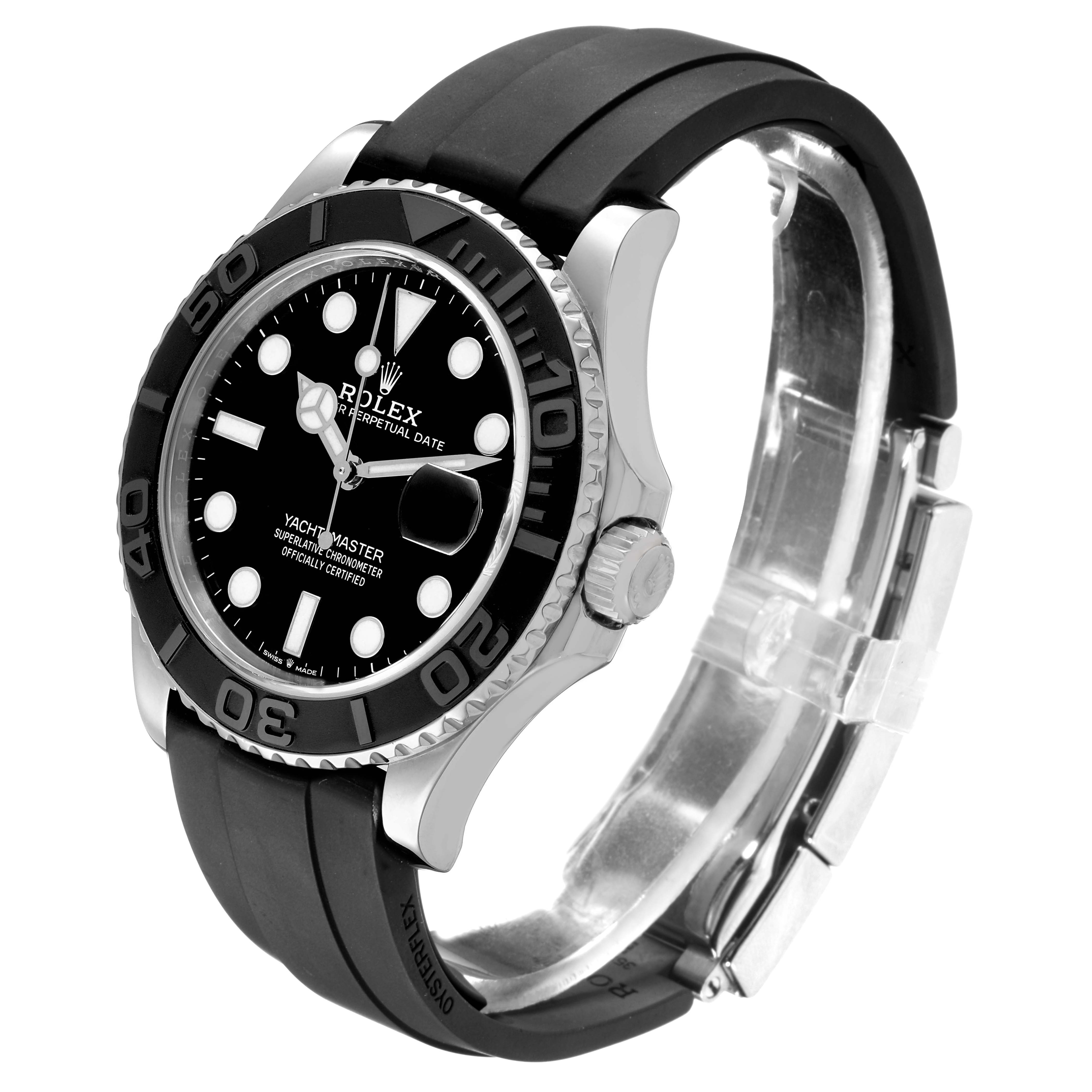 The Rolex Yacht-Master 226659 Men's White Gold Black Dial watch is shown at an oblique angle displaying the face, bezel, crown, and part of the strap.