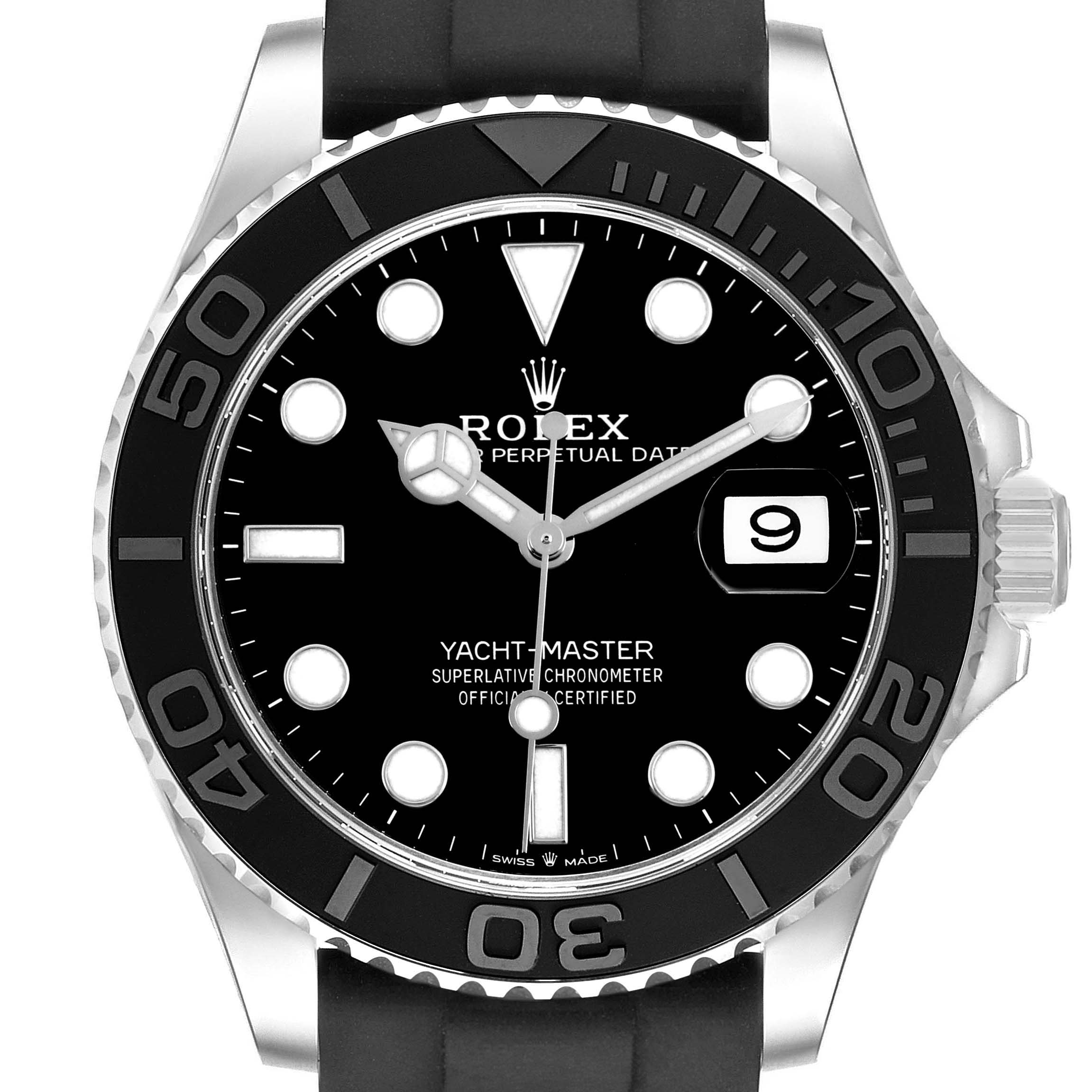 The Rolex Yacht-Master 226659 Men's White Gold Black Dial watch is shown from a front angle, featuring the bezel, face, hands, markers, and date window.