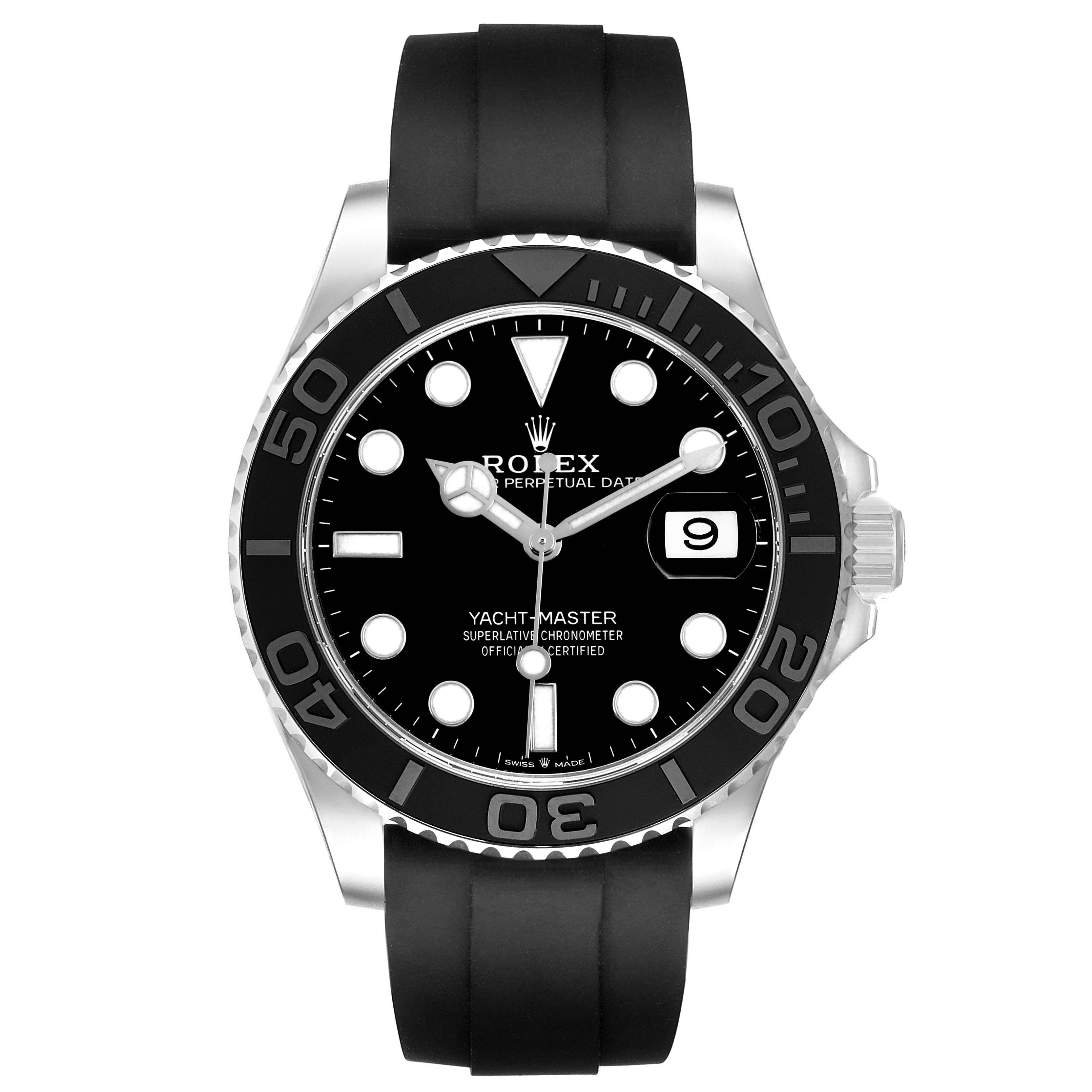 The Rolex Yacht-Master 226659 Men's White Gold Black Dial watch is shown from a front view, displaying its black dial, bezel, and rubber strap.