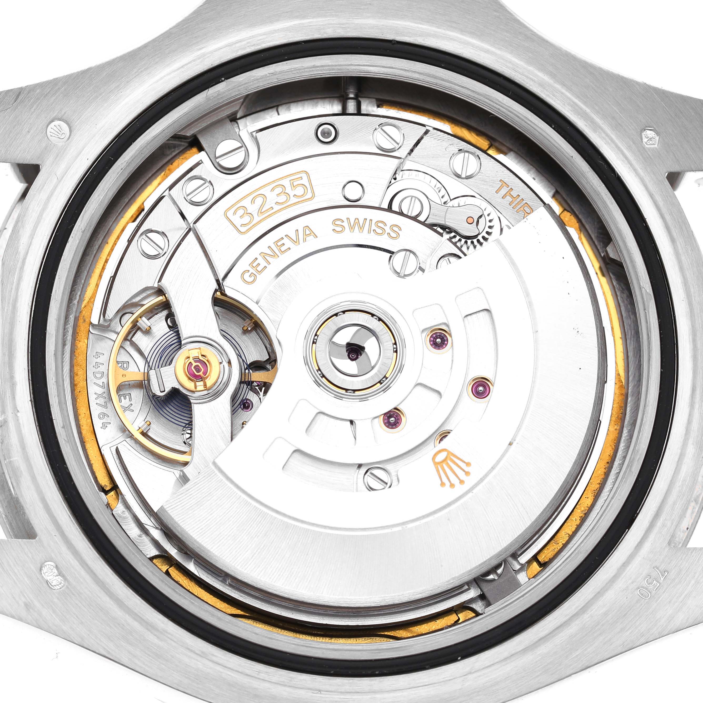 The image shows the back view of a Rolex Yacht-Master 226659 Men's White Gold Black Dial's movement, highlighting the intricate components and rotor.