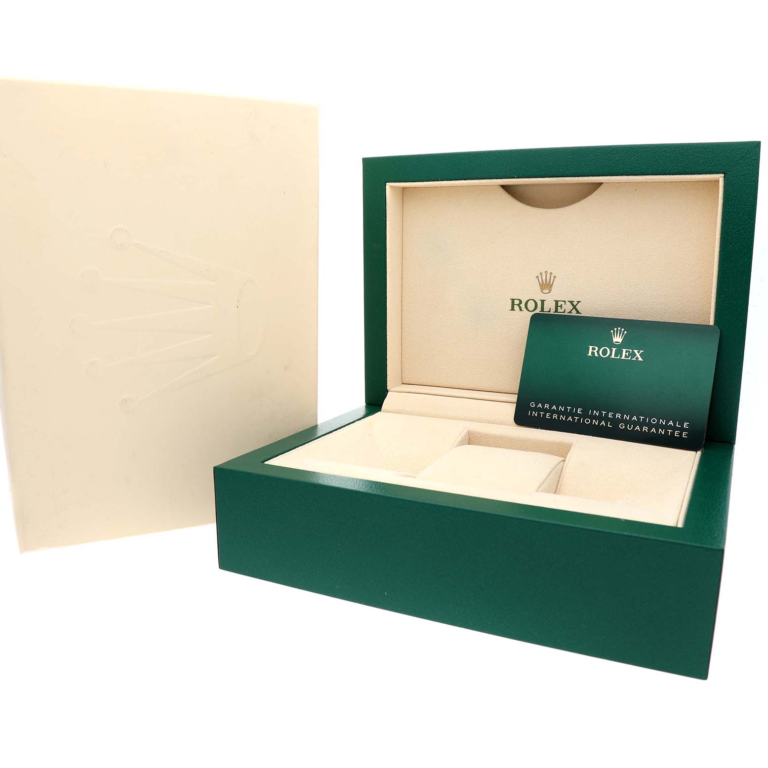 The image shows a Rolex Yacht-Master 226659 Men's White Gold Black Dial watch box and guarantee card at an angle, displaying the green and beige interior.