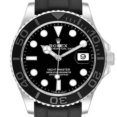 The Rolex Yacht-Master 226659 Mens White Gold Black Dial watch is shown from a front angle, highlighting its bezel, dial, and crown.