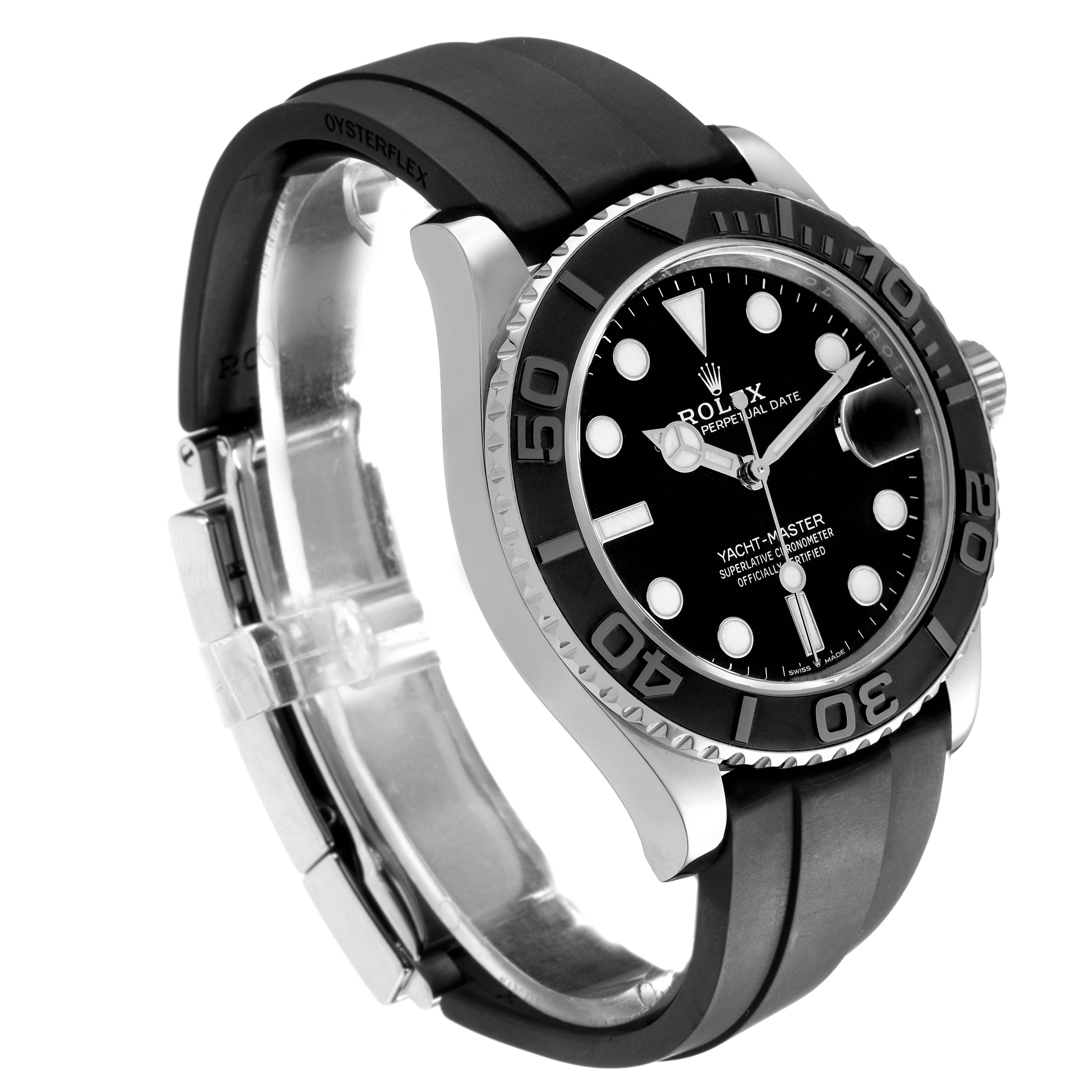 The Rolex Yacht-Master 226659 Men's White Gold Black Dial watch is shown at a three-quarter angle, highlighting the dial, bezel, crown, and Oysterflex bracelet.