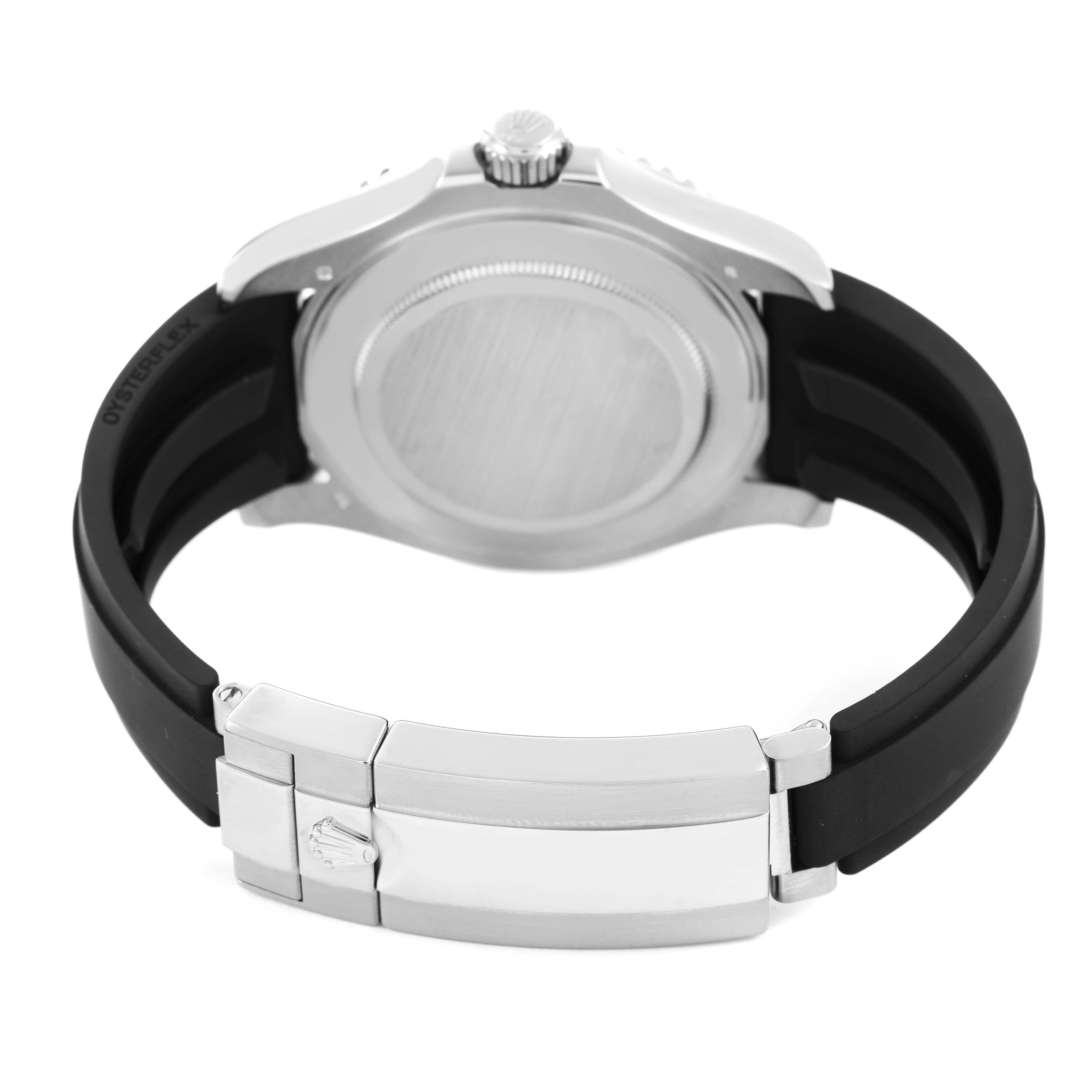 The image shows a rear view of the Rolex Yacht-Master 226659 Men's White Gold Black Dial, highlighting the case back, crown, and black Oysterflex bracelet with clasp.