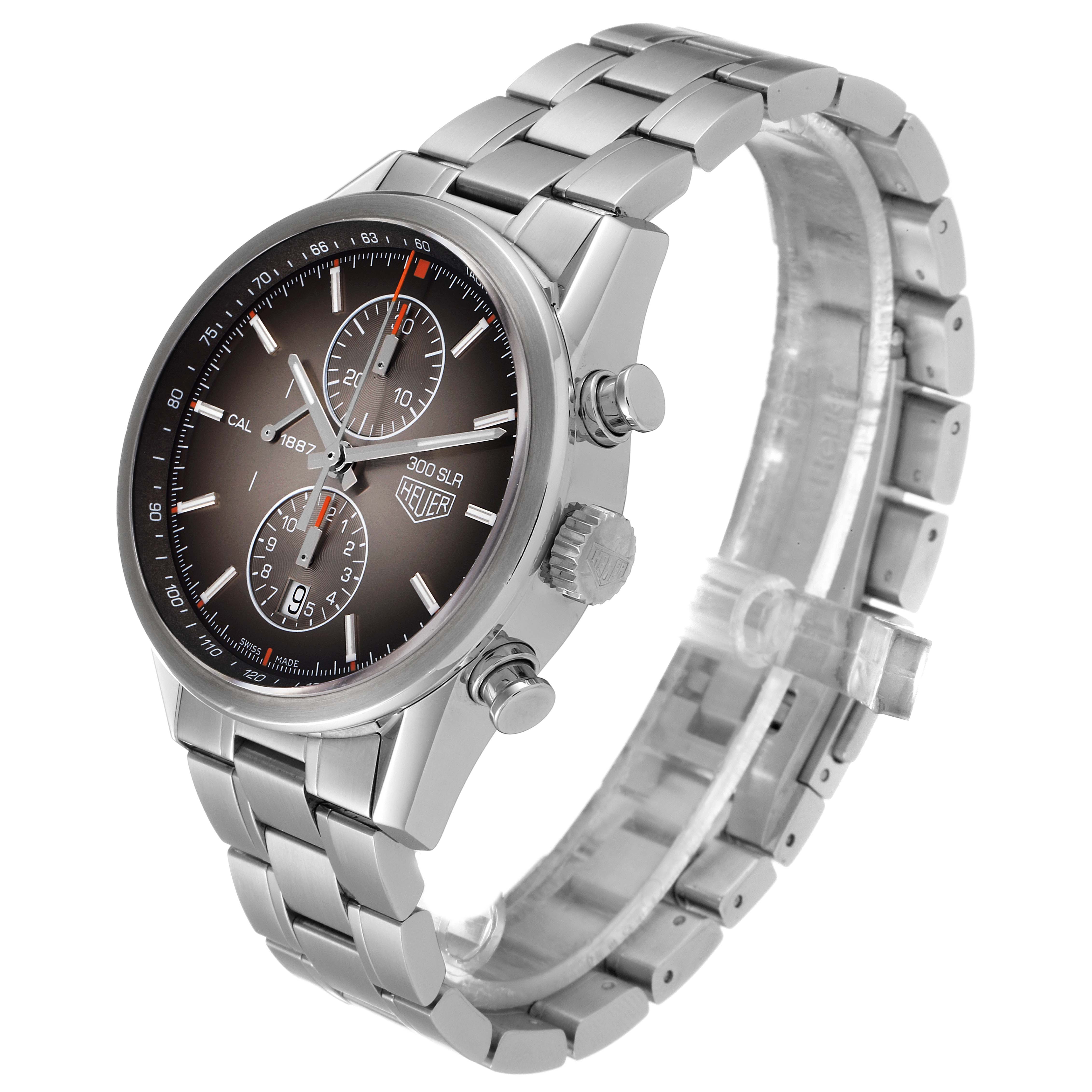 The image shows a Tag Heuer Carrera CAR2112.FC6267 Men's Stainless Steel Brown Dial CAR2112.FC6267 Men's Stainless Steel Brown Dial watch, viewed at an angle displaying its face, side buttons, and metal bracelet.