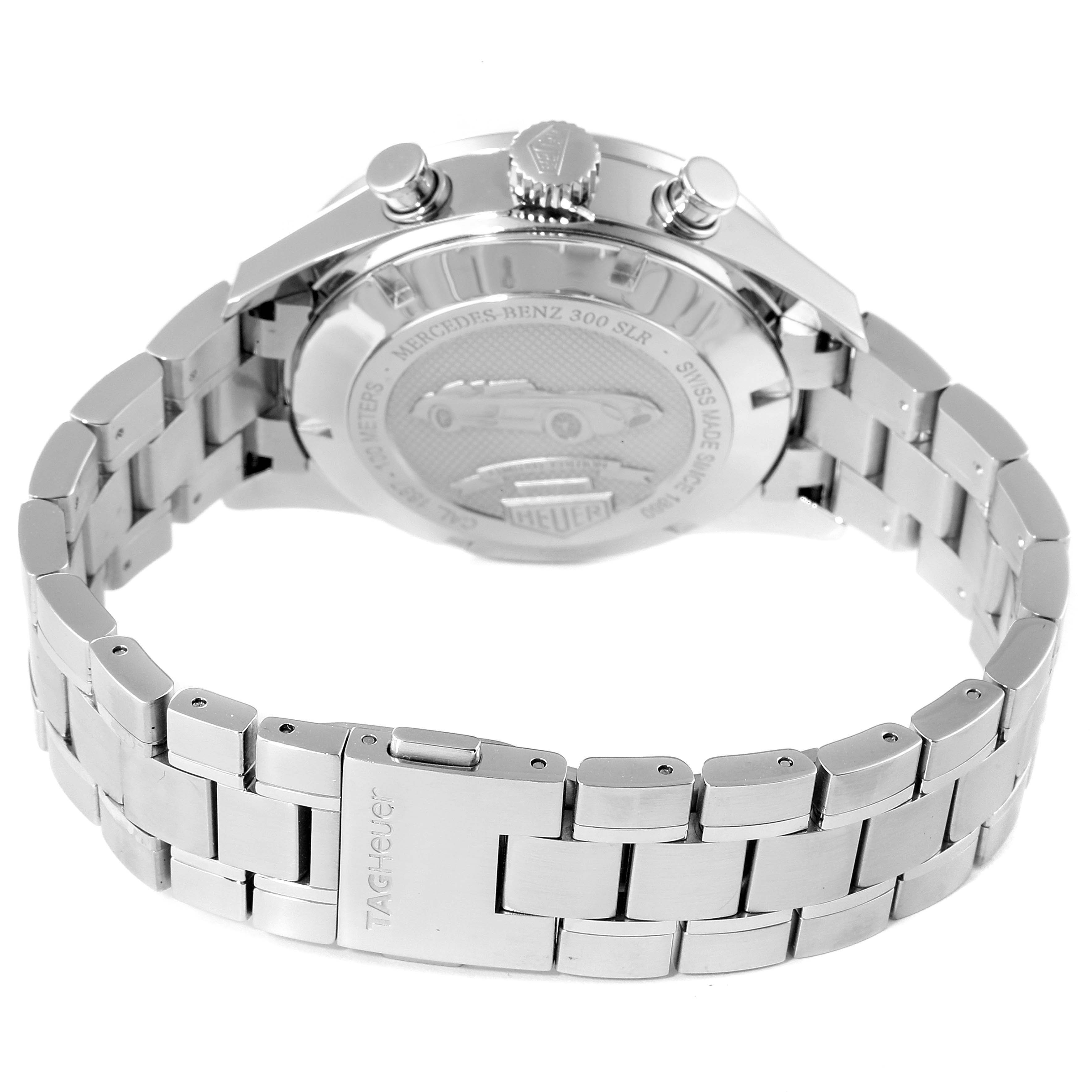 The image shows the back view of a Tag Heuer Carrera CAR2112.FC6267 Men's Stainless Steel Brown Dial CAR2112.FC6267 Men's Stainless Steel Brown Dial watch, focusing on its case back and stainless steel bracelet.