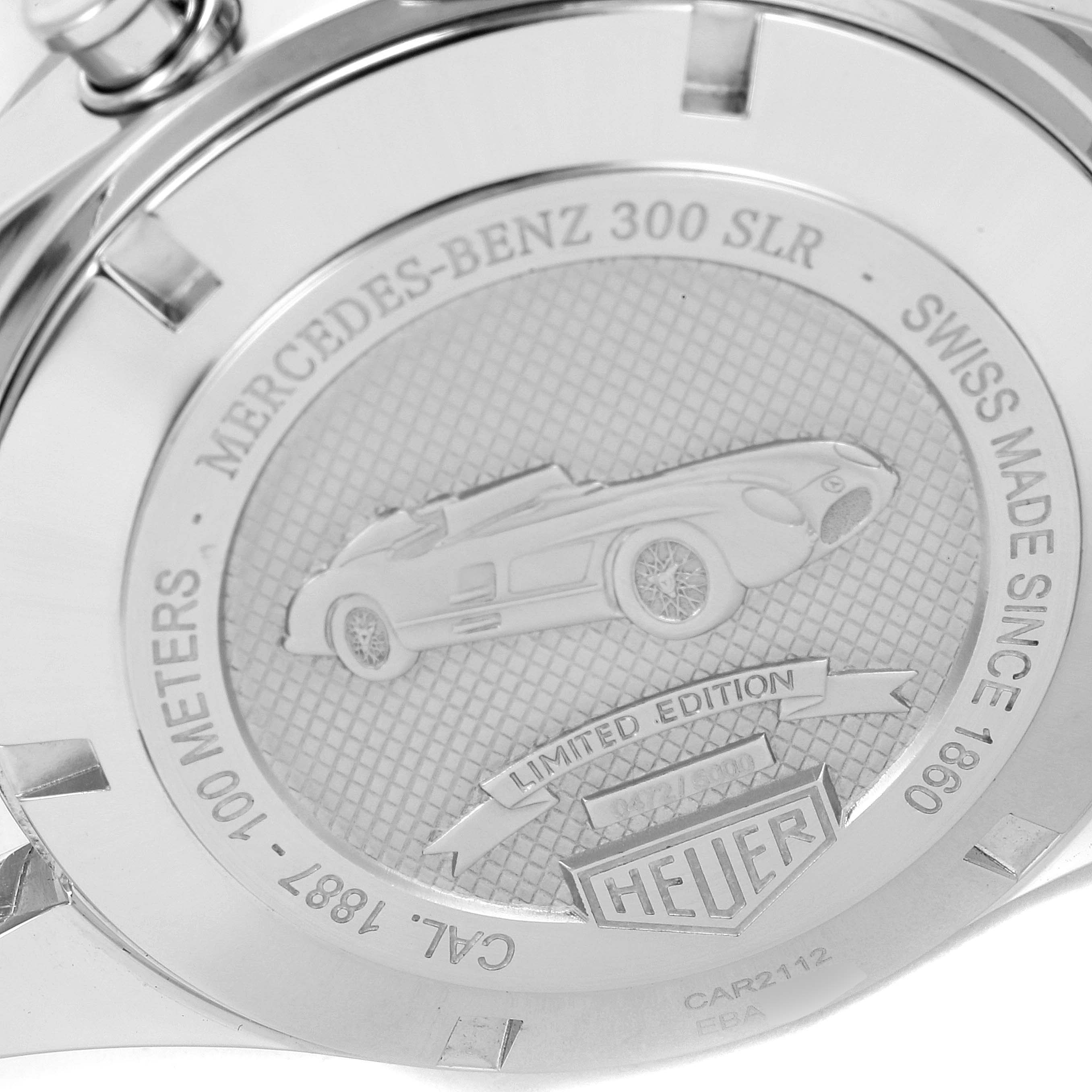 This image shows the case back of a Tag Heuer Carrera CAR2112.FC6267 Men's Stainless Steel Brown Dial CAR2112.FC6267 Men's Stainless Steel Brown Dial watch, featuring an engraved Mercedes-Benz 300 SLR and limited edition details.