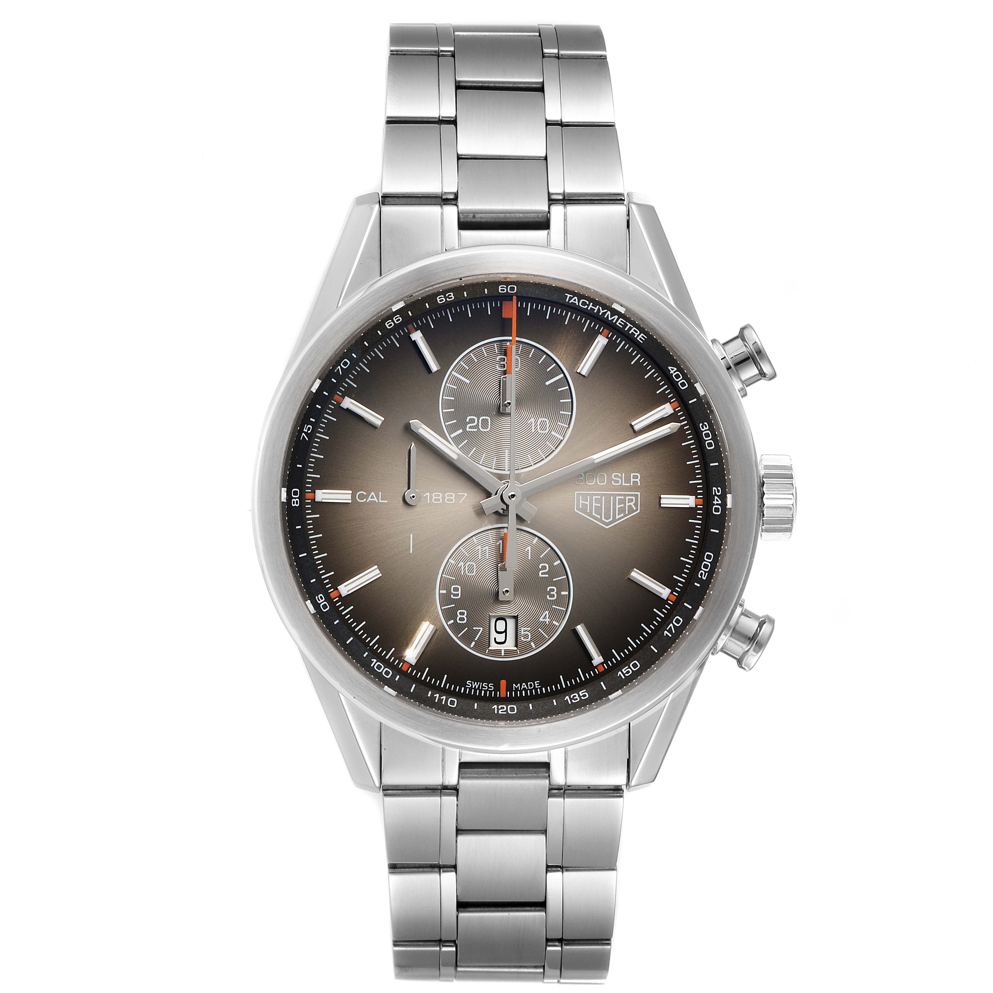 The image shows a front view of a Tag Heuer Carrera CAR2112.FC6267 Men's Stainless Steel Brown Dial CAR2112.FC6267 Men's Stainless Steel Brown Dial model watch displaying its dial, bezel, and metal strap.