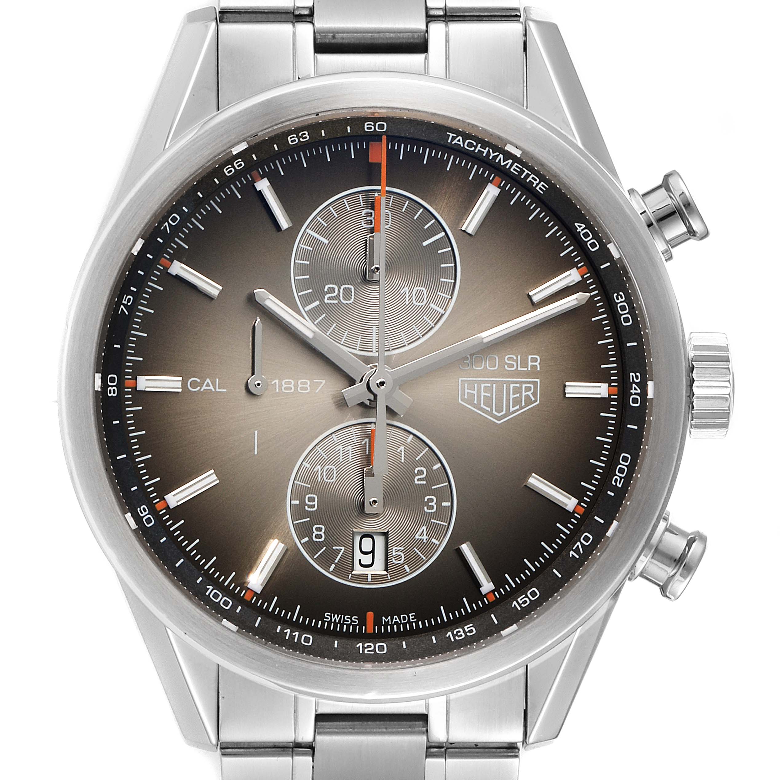 The image shows a front view of the Tag Heuer Carrera CAR2112.FC6267 Men's Stainless Steel Brown Dial CAR2112.FC6267 Men's Stainless Steel Brown Dial watch, highlighting its dial, sub-dials, and stainless steel bracelet.