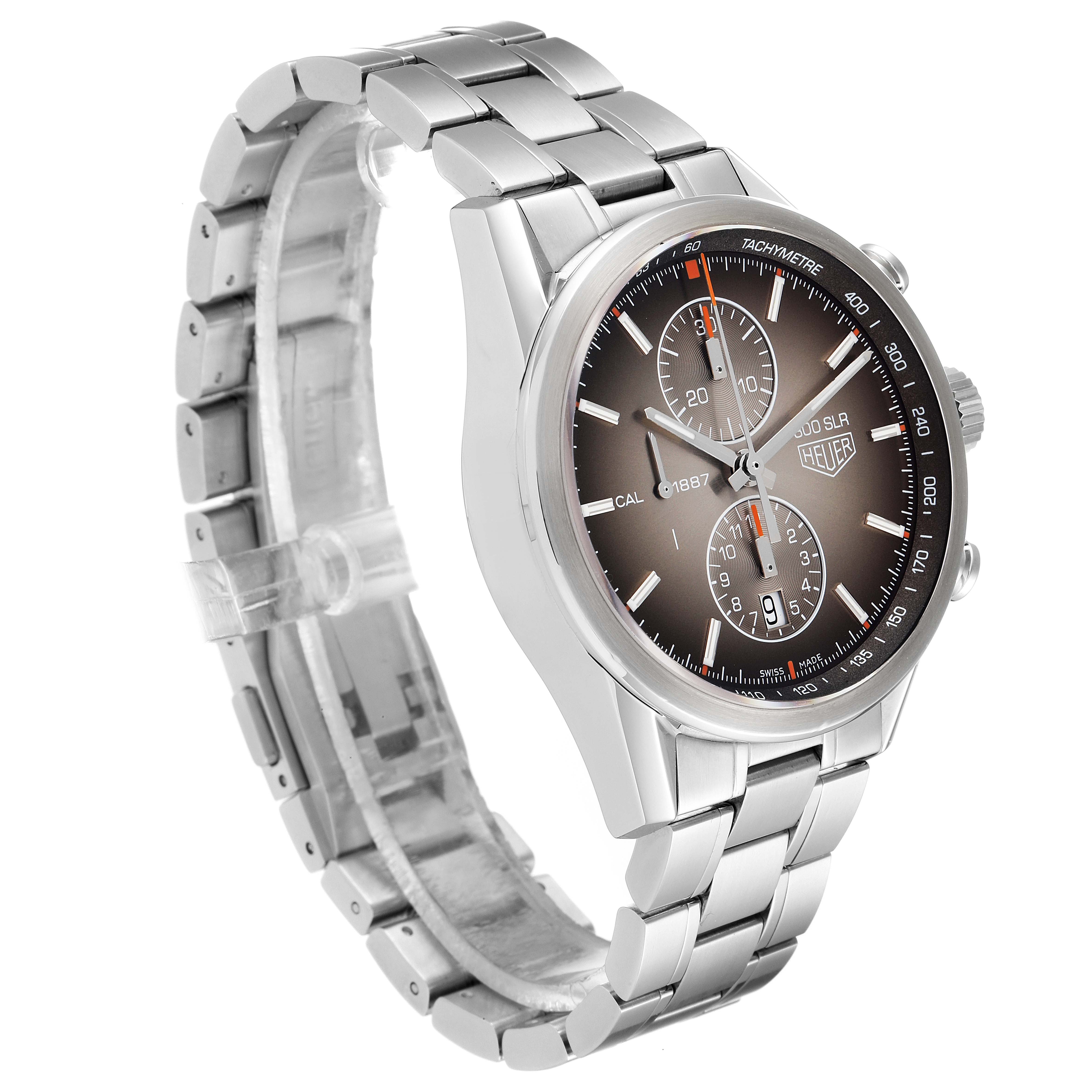 The image shows a side angle of the Tag Heuer Carrera CAR2112.FC6267 Men's Stainless Steel Brown Dial CAR2112.FC6267 Men's Stainless Steel Brown Dial watch, highlighting its stainless steel band, bezel, and dial with sub-dials.