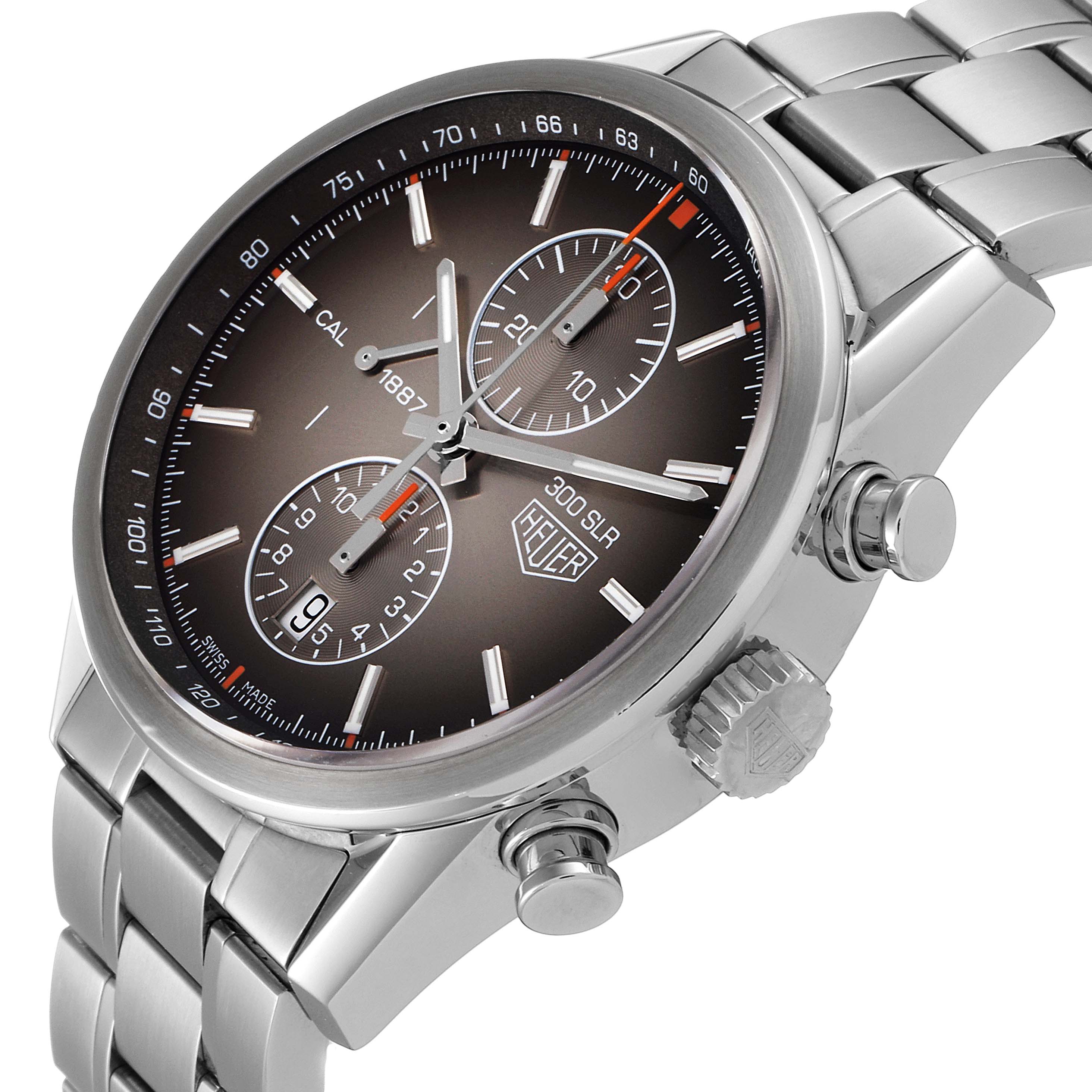 The image shows a Tag Heuer Carrera CAR2112.FC6267 Men's Stainless Steel Brown Dial CAR2112.FC6267 Men's Stainless Steel Brown Dial watch at a three-quarter angle, displaying its dial, chronograph subdials, and bracelet.