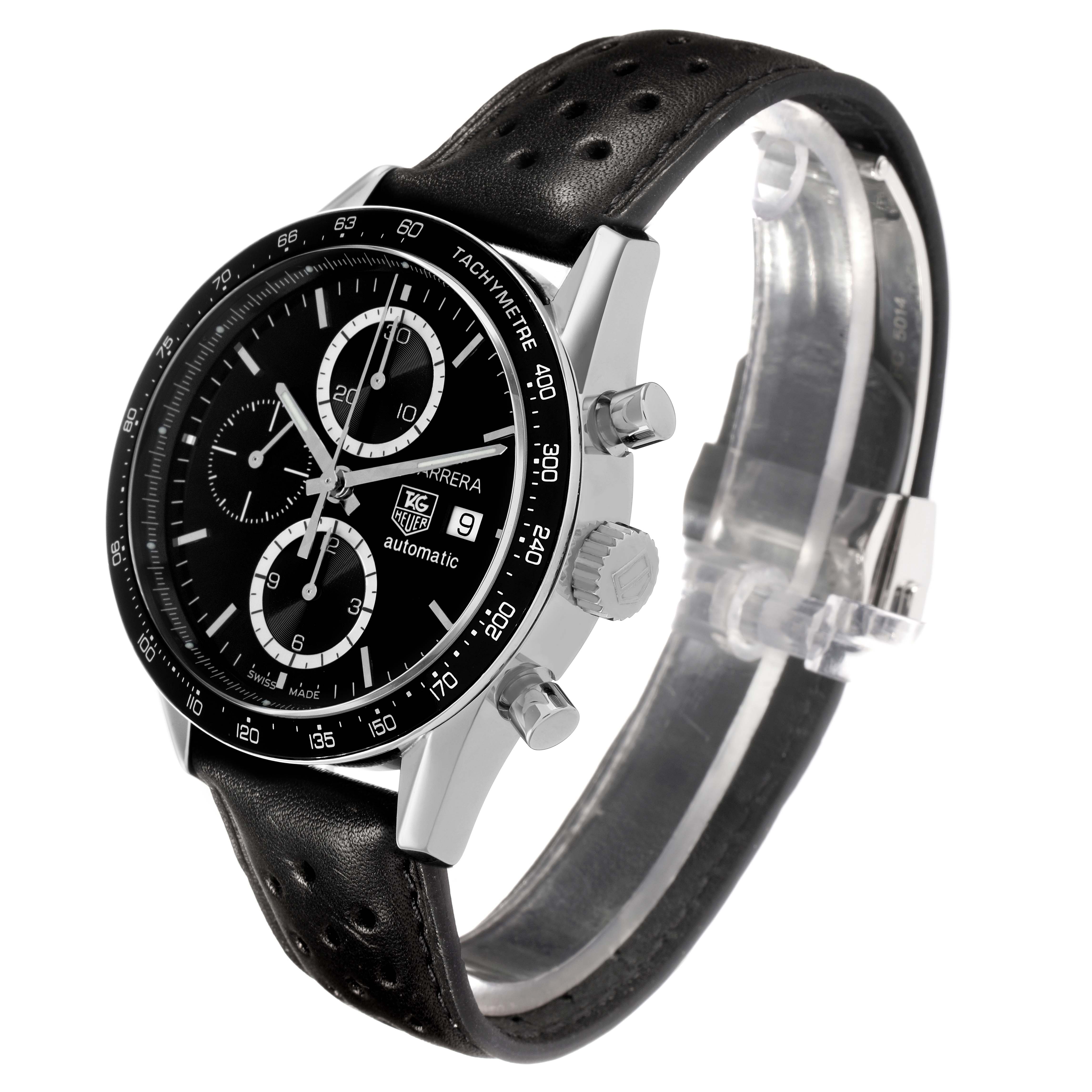 The Tag Heuer Carrera CV2010 Men's Stainless Steel Black Dial watch is shown at an angle highlighting the face, bezel, buttons, crown, and leather strap.