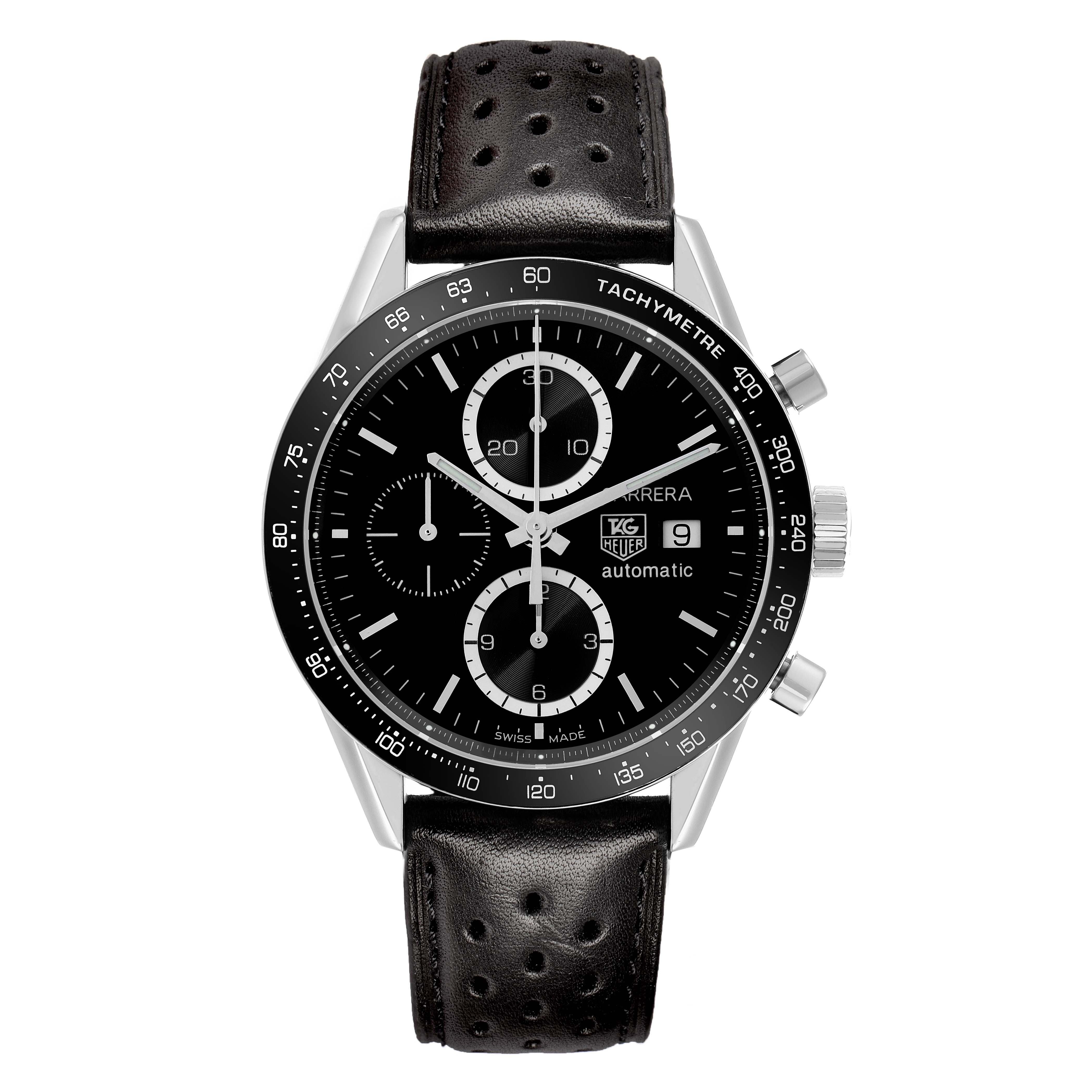 The image shows a front view of the Tag Heuer Carrera CV2010 Men's Stainless Steel Black Dial watch, highlighting the dial, bezel, crown, and perforated leather strap.