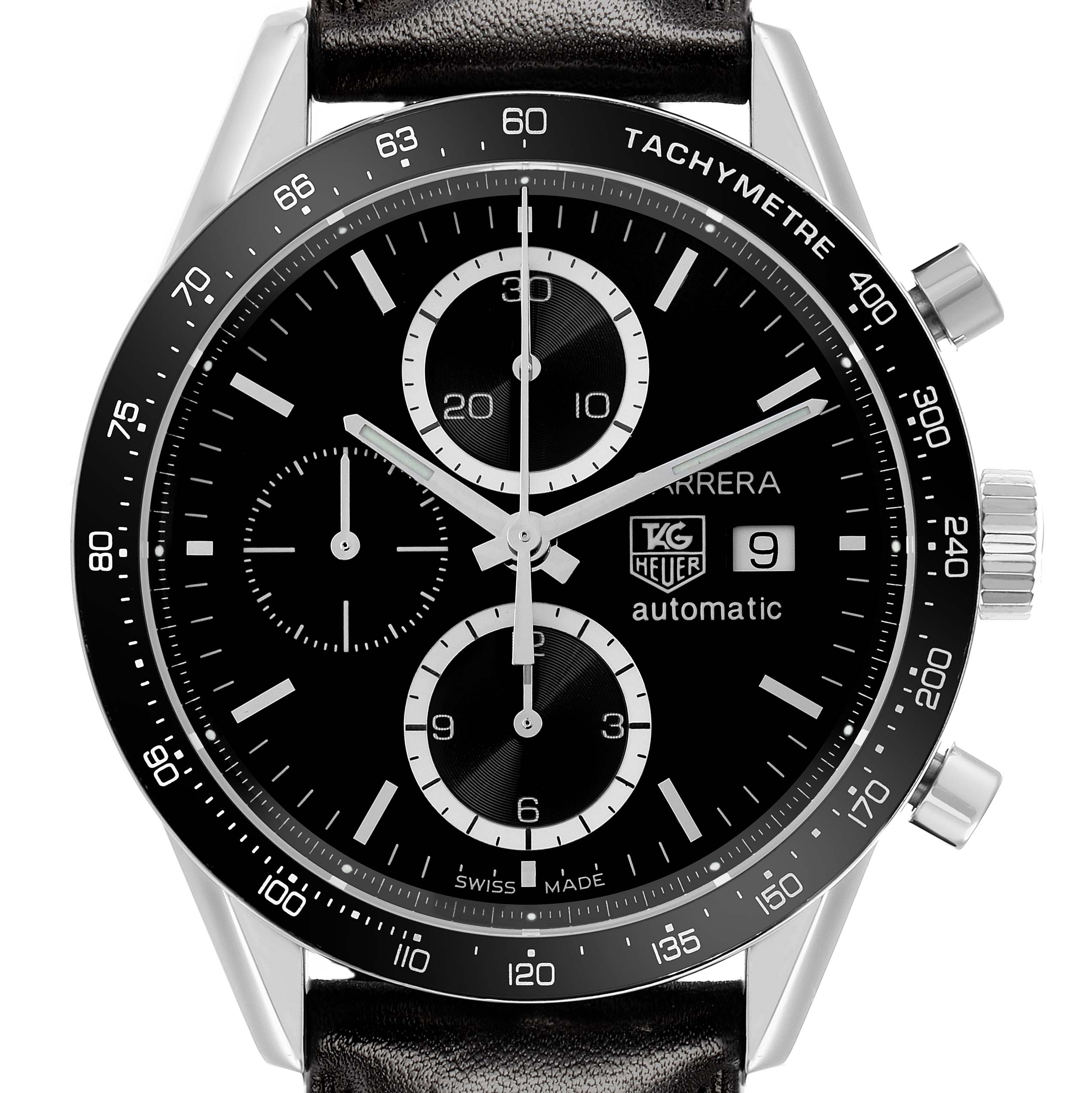 The image shows a frontal view of the Tag Heuer Carrera CV2010 Men's Stainless Steel Black Dial watch, highlighting its dial, chronograph subdials, and tachymeter bezel.