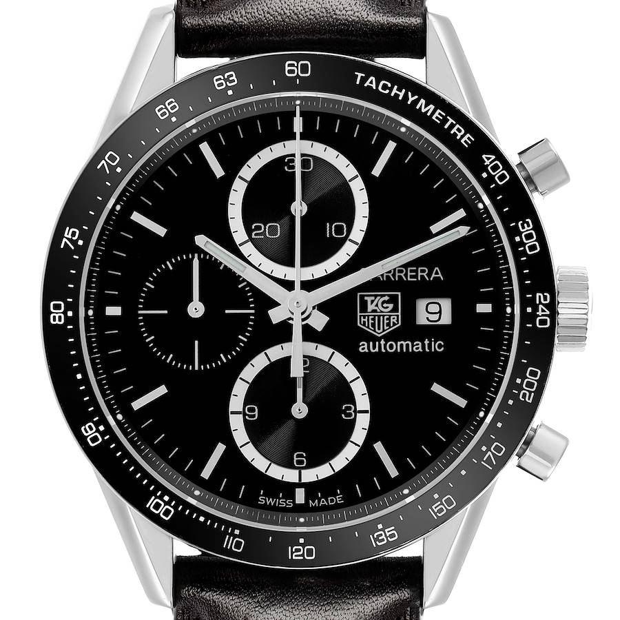 The image shows a frontal view of the Tag Heuer Carrera CV2010 Men's Stainless Steel Black Dial watch, highlighting its dial, chronograph subdials, and tachymeter bezel.