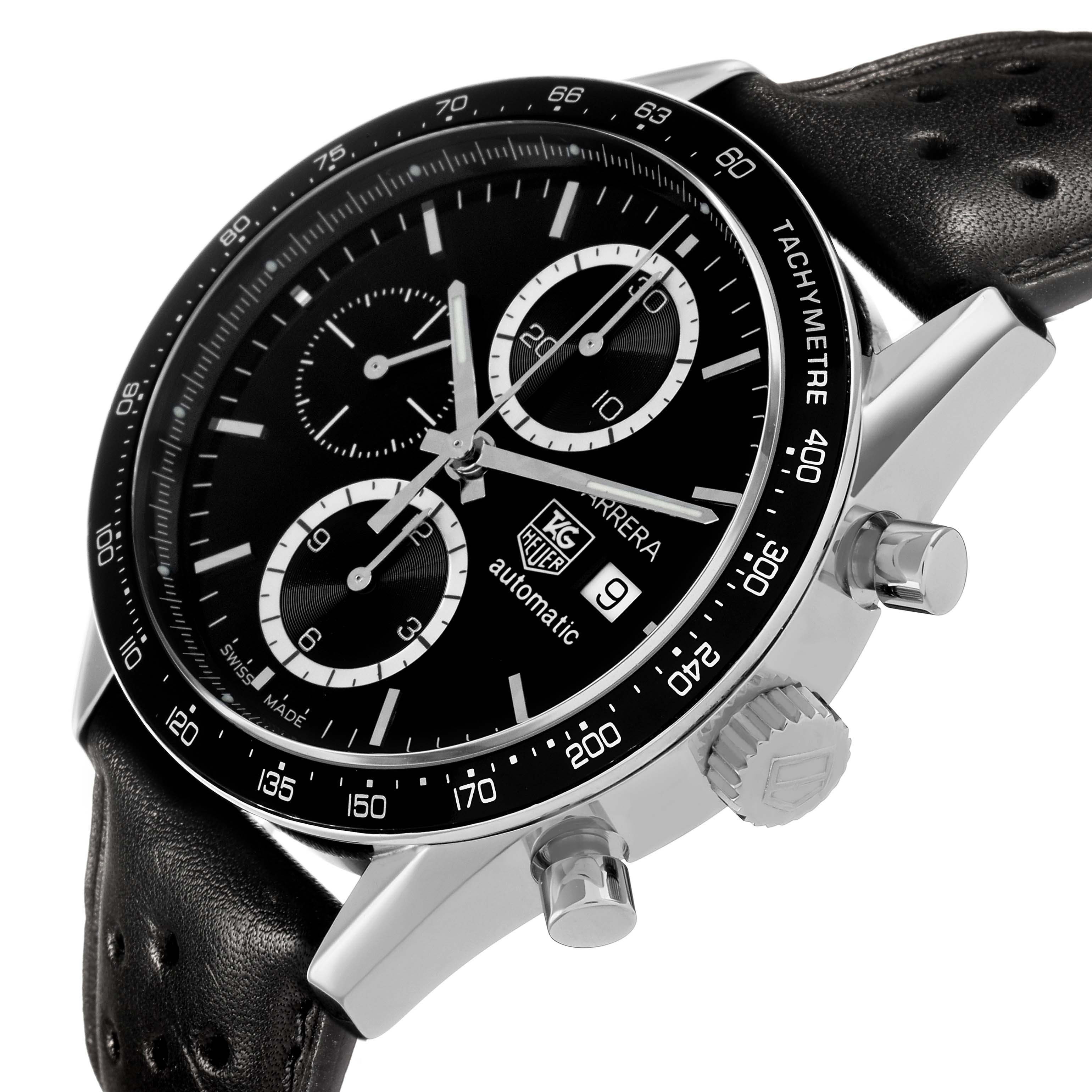 The Tag Heuer Carrera CV2010 Men's Stainless Steel Black Dial watch is shown from a three-quarter angle, displaying the dial, crown, pushers, and part of the leather strap.
