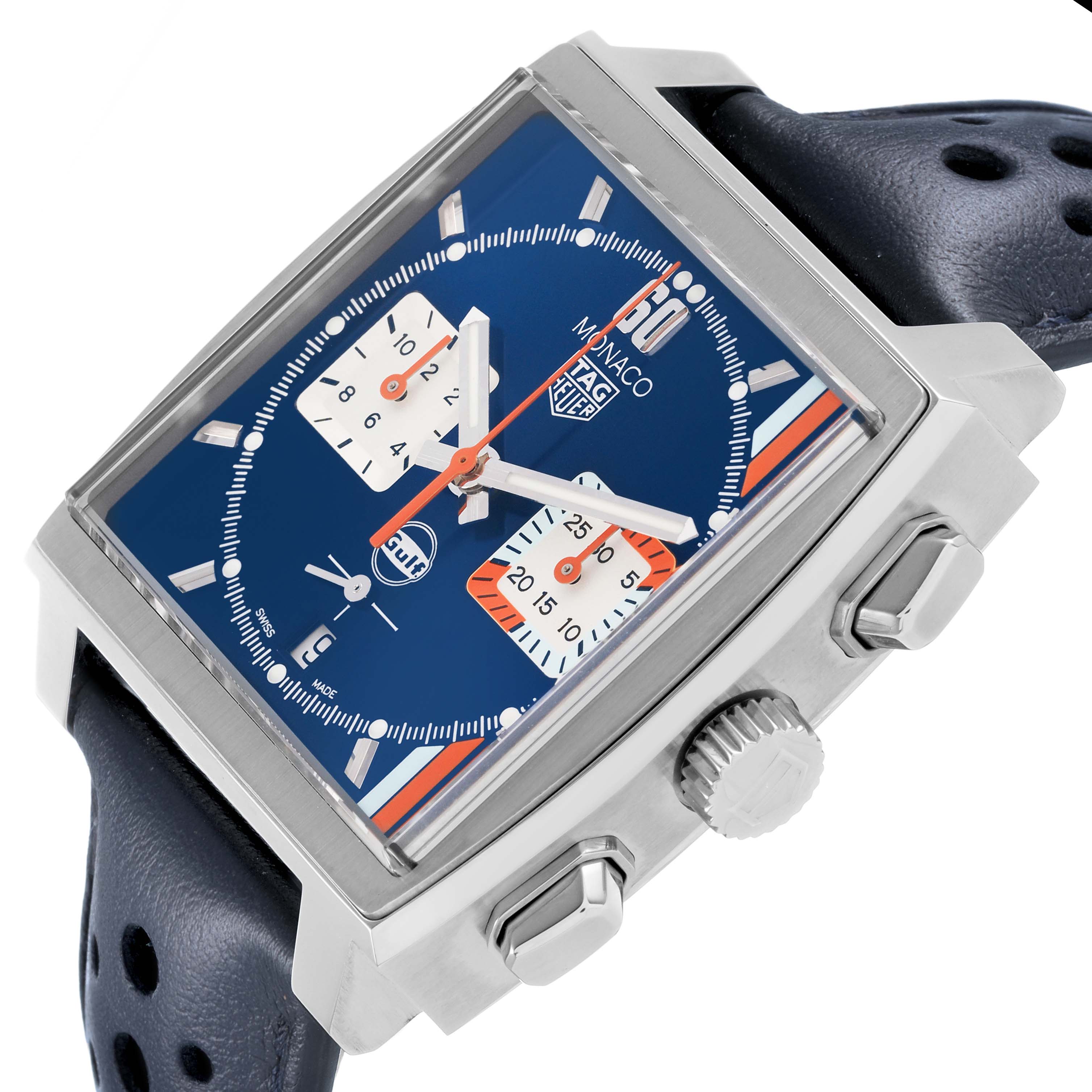 The Tag Heuer Monaco CBL2115 Men's Stainless Steel Blue Dial watch is shown at an angle highlighting its blue dial, rectangular case, crown, pushers, and perforated strap.