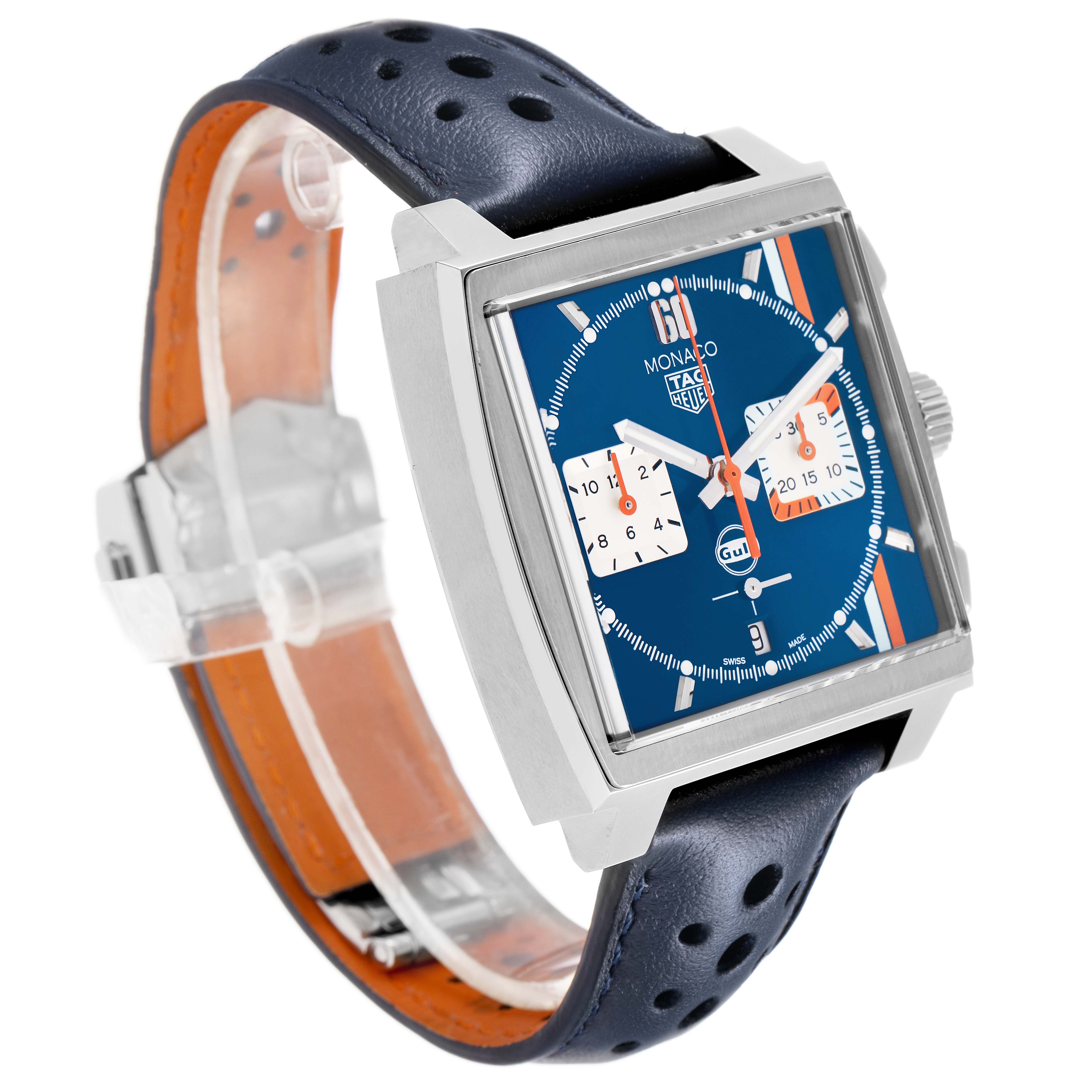 The Tag Heuer Monaco CBL2115 Men's Stainless Steel Blue Dial watch is shown at a slight angle, displaying the square face, side crown, and perforated leather strap.