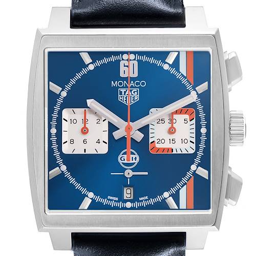 The image shows a front view of the Tag Heuer Monaco CBL2115 Mens Stainless Steel Blue Dial watch, highlighting the square face, chronograph dials, and crown.