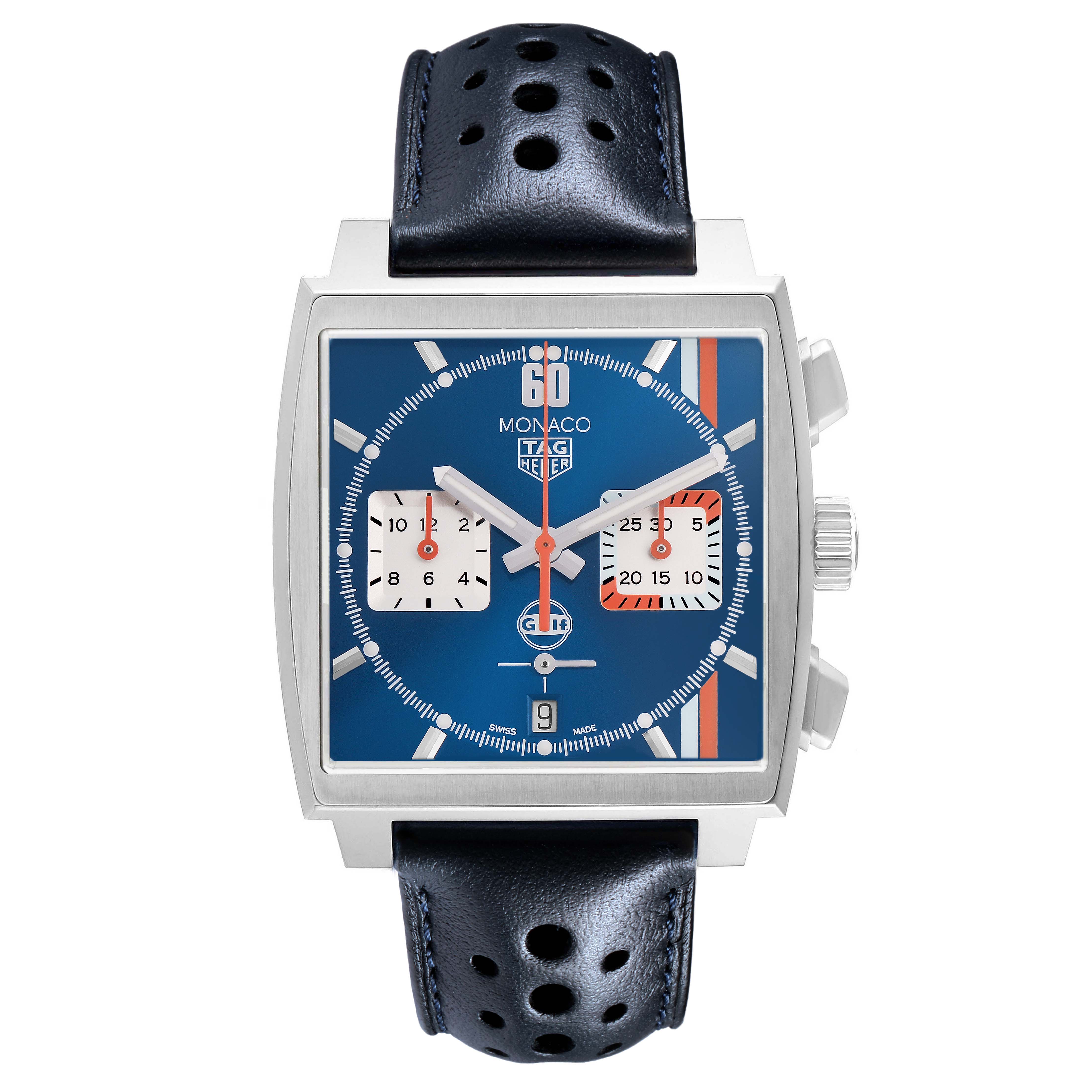 The Tag Heuer Monaco CBL2115 Men's Stainless Steel Blue Dial watch is shown from the front, featuring a square case, blue dial, and black perforated strap.