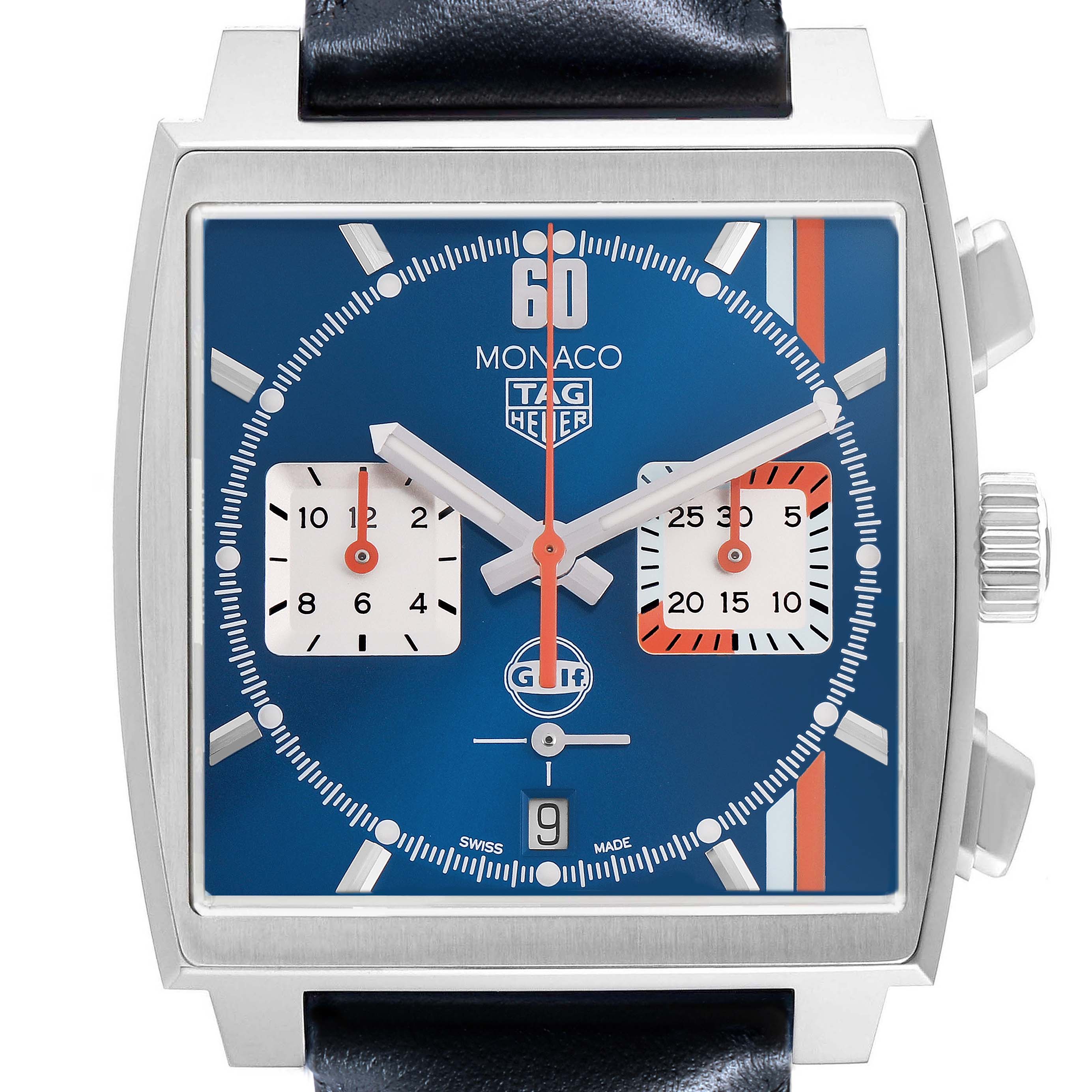 The Tag Heuer Monaco CBL2115 Men's Stainless Steel Blue Dial watch is shown from the front, highlighting the blue dial, chronograph subdials, and side pushers.