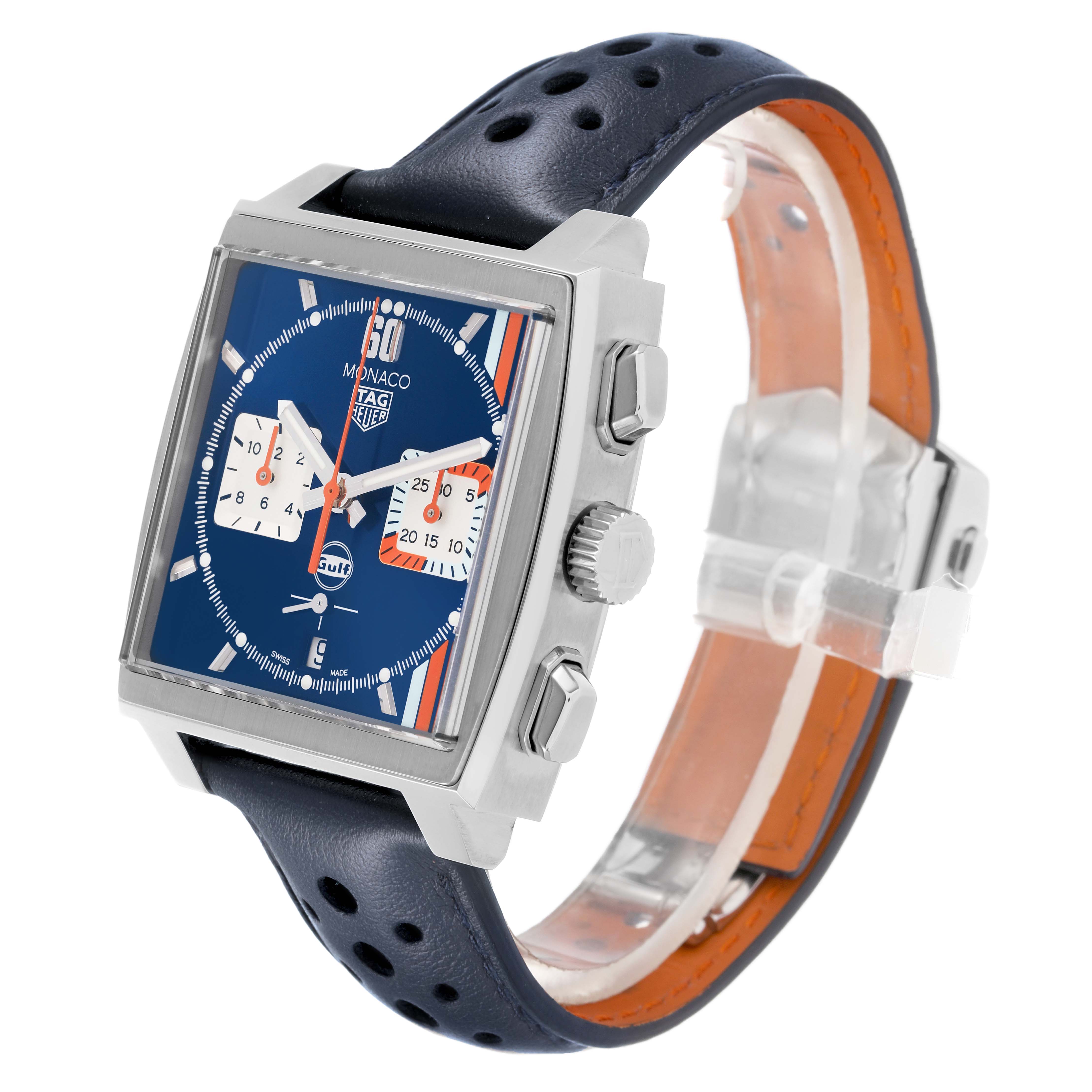 The Tag Heuer Monaco CBL2115 Men's Stainless Steel Blue Dial watch is shown at a three-quarter angle, highlighting its square face, side buttons, and perforated strap.
