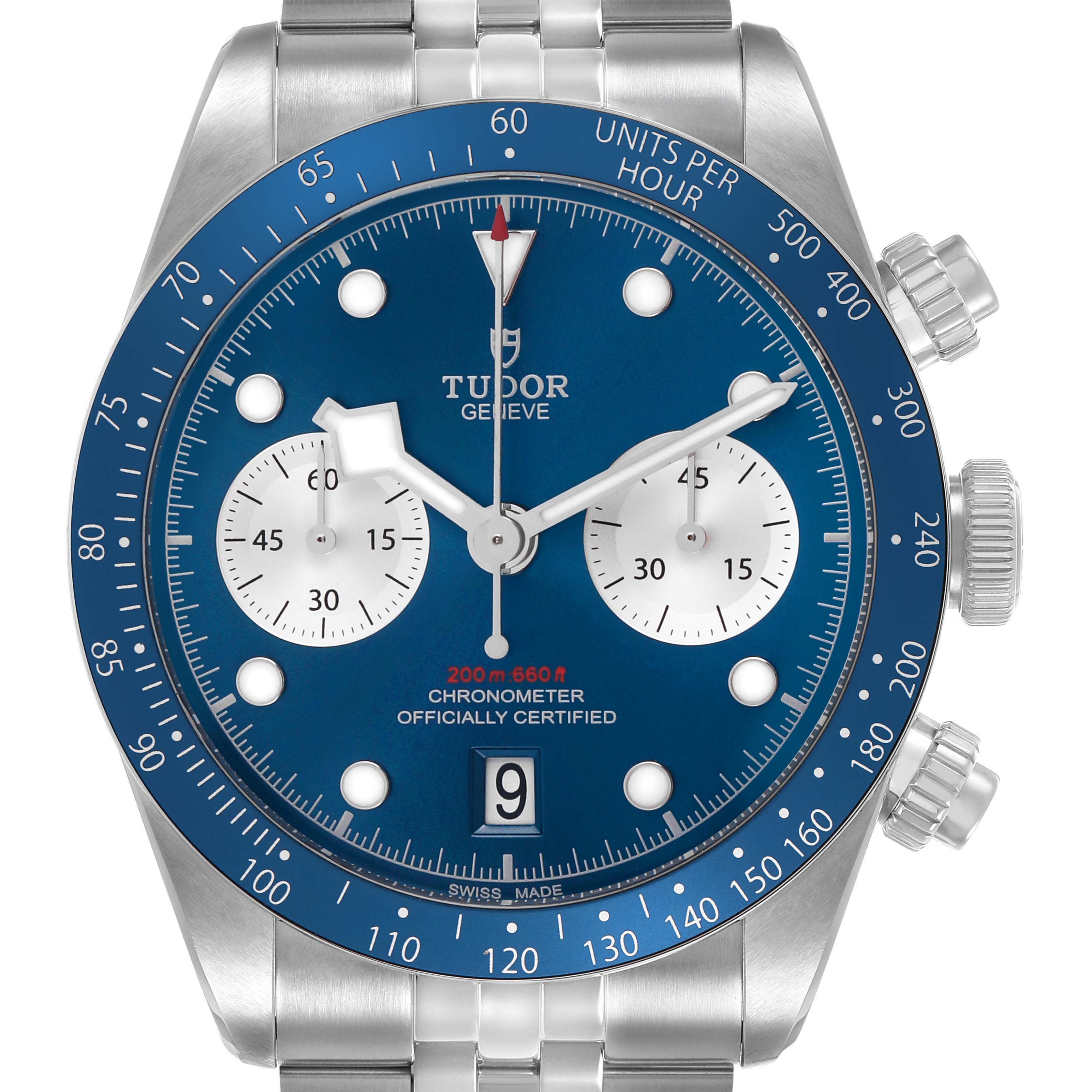 The image shows a frontal view of the Tudor Heritage Black Bay M79360B-0002 Men's Stainless Steel Blue Dial watch, highlighting the blue dial, subdials, and bezel.