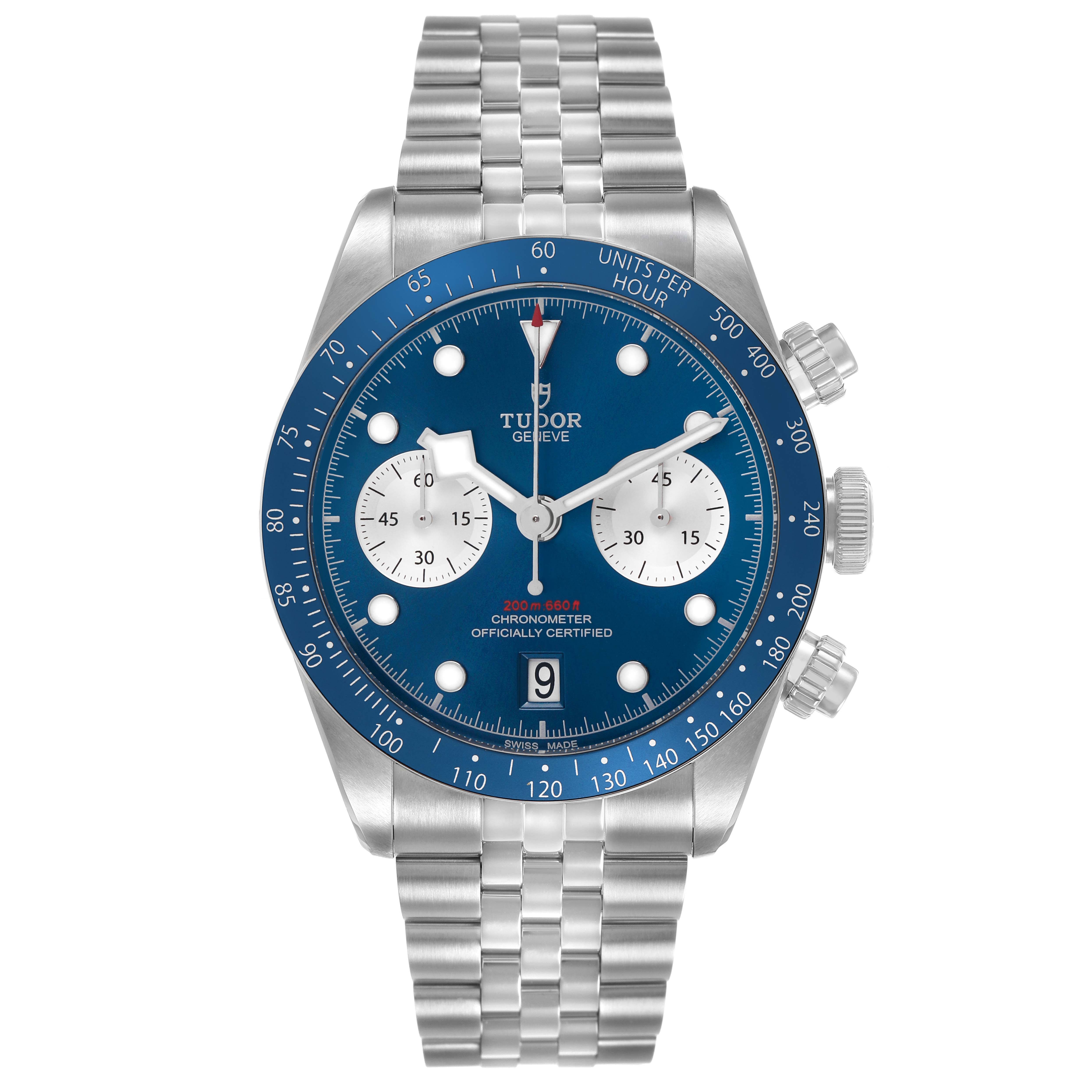 The Tudor Heritage Black Bay M79360B-0002 Men's Stainless Steel Blue Dial watch is shown from the front, highlighting the full dial, bezel, crown, and bracelet.