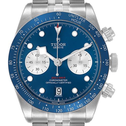 The image shows a Tudor Heritage Black Bay M79360B-0002 Mens Stainless Steel Blue Dial watch face directly, highlighting the blue dial and chronograph features.