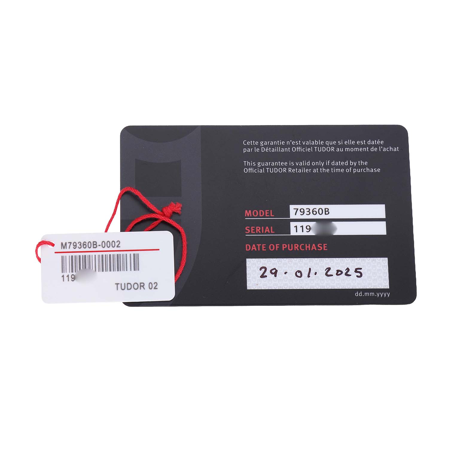 The image shows the warranty card and tag for a Tudor Heritage Black Bay M79360B-0002 Men's Stainless Steel Blue Dial watch, displaying model and serial details.